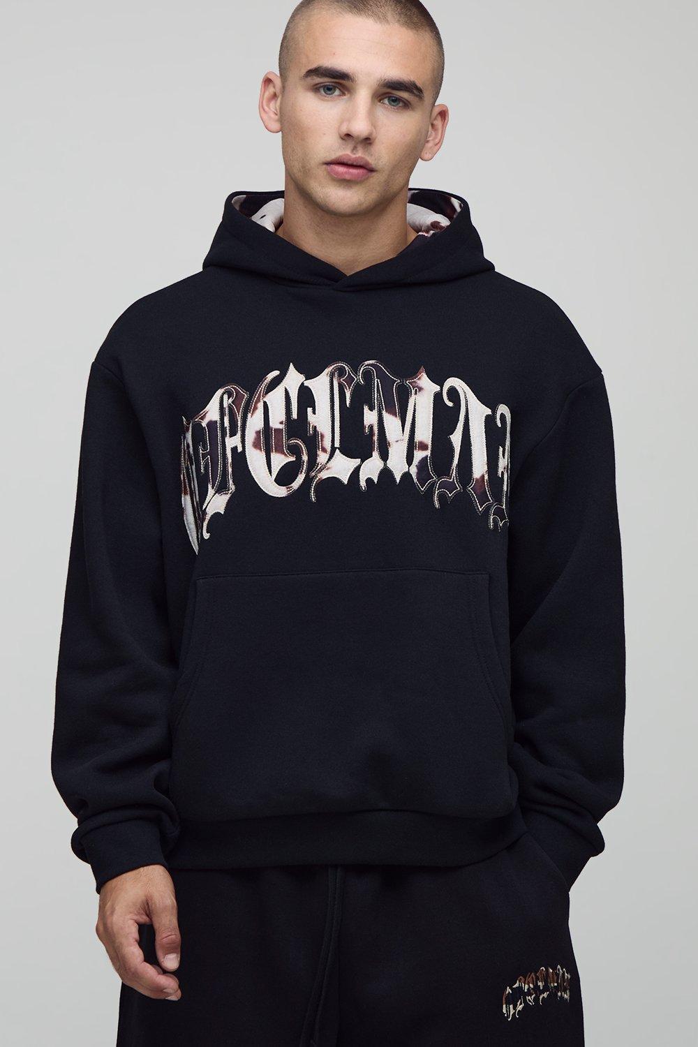 Mens Black Oversized Boxy Ofcl Cow Print Applique Hoodie, Black