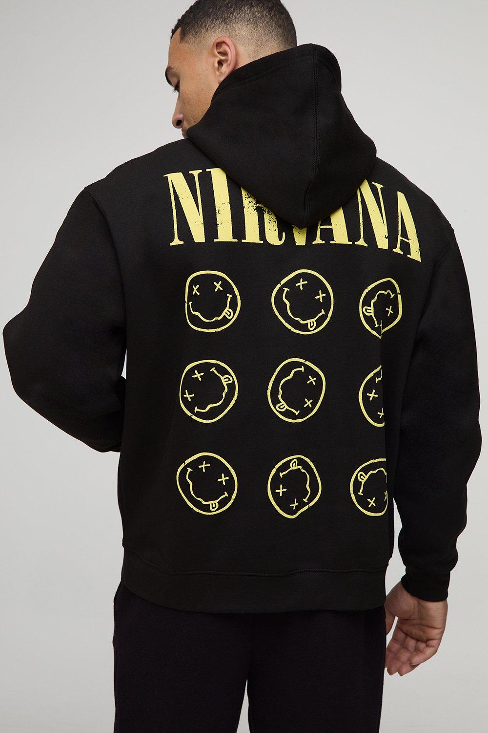 Mens Black Oversized Boxy Nirvana Puff Print License Printed Hoodie, Black