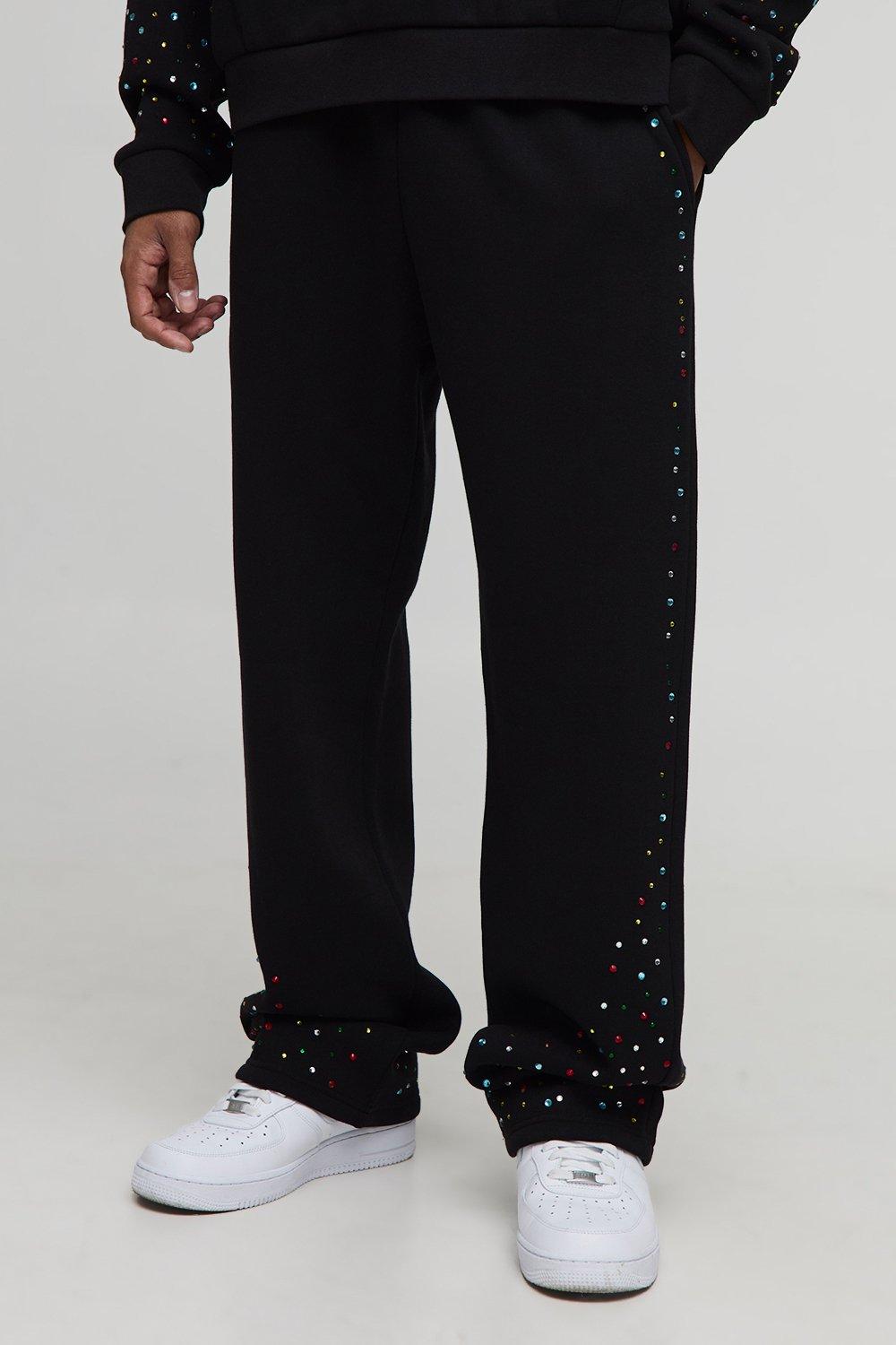 Mens Black Relaxed Fit Multi Colour Rhinestone Joggers, Black