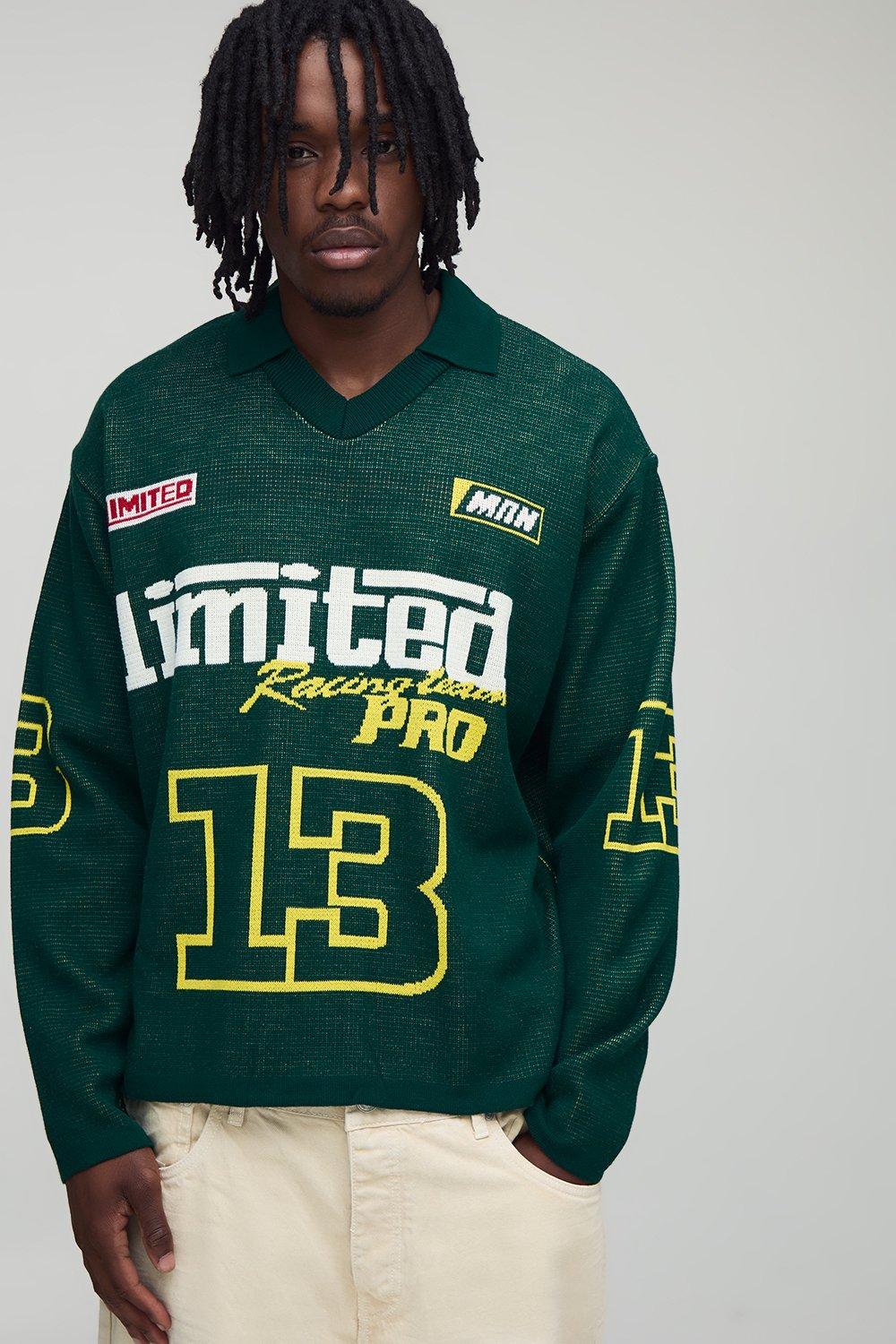 Image of Tall Oversized Boxy Moto Jacquard Knitted Long Sleeve T-Shirt, Verde