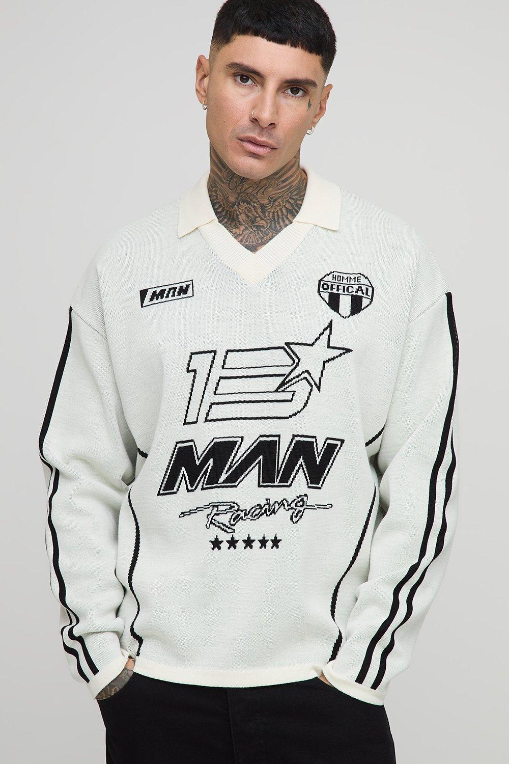 Mens Cream Tall Oversized Boxy Moto Jacquard Knitted Long Sleeve T-Shirt, Cream