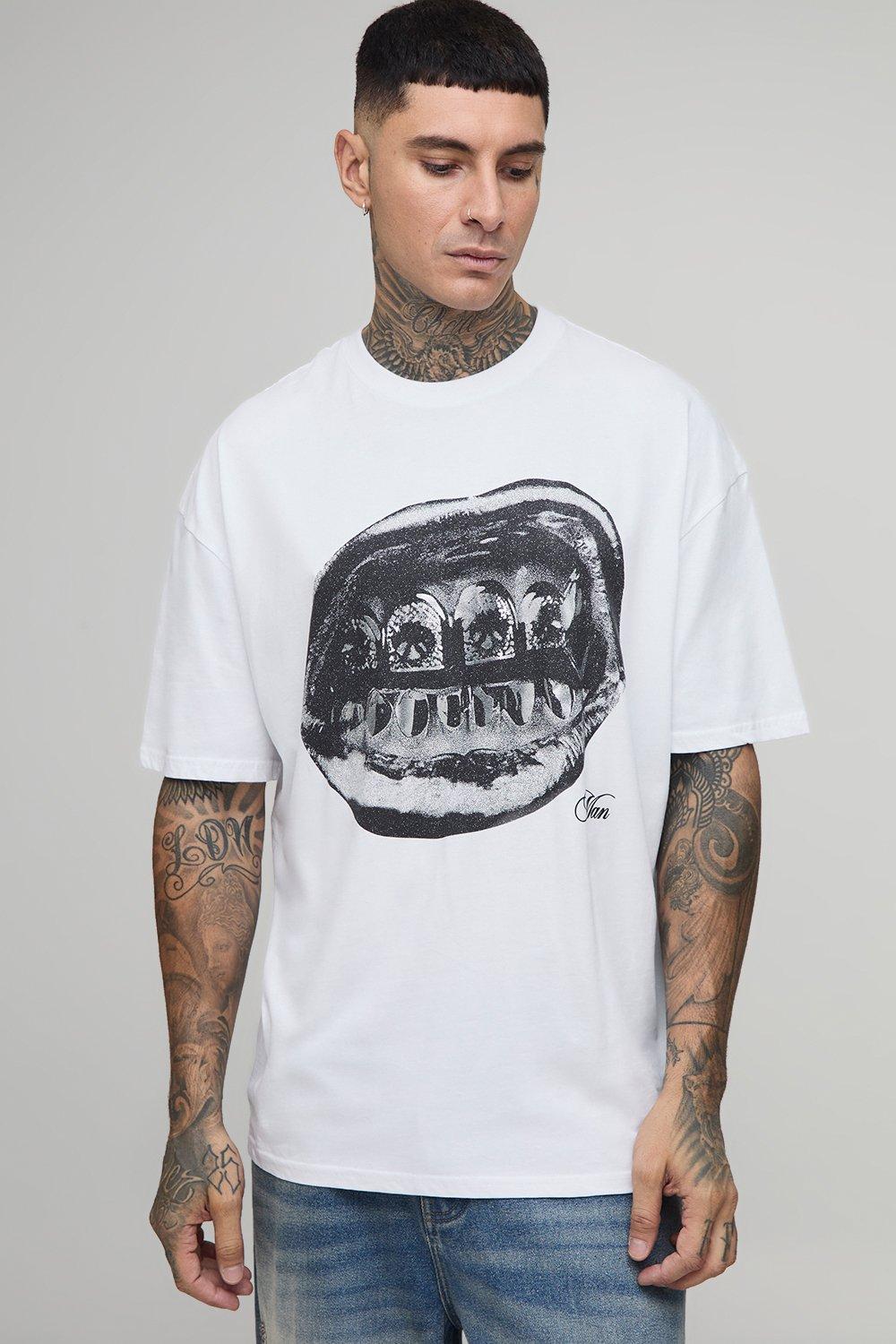 Image of Tall Oversized Foil Print Lips Print T-Shirt, Bianco