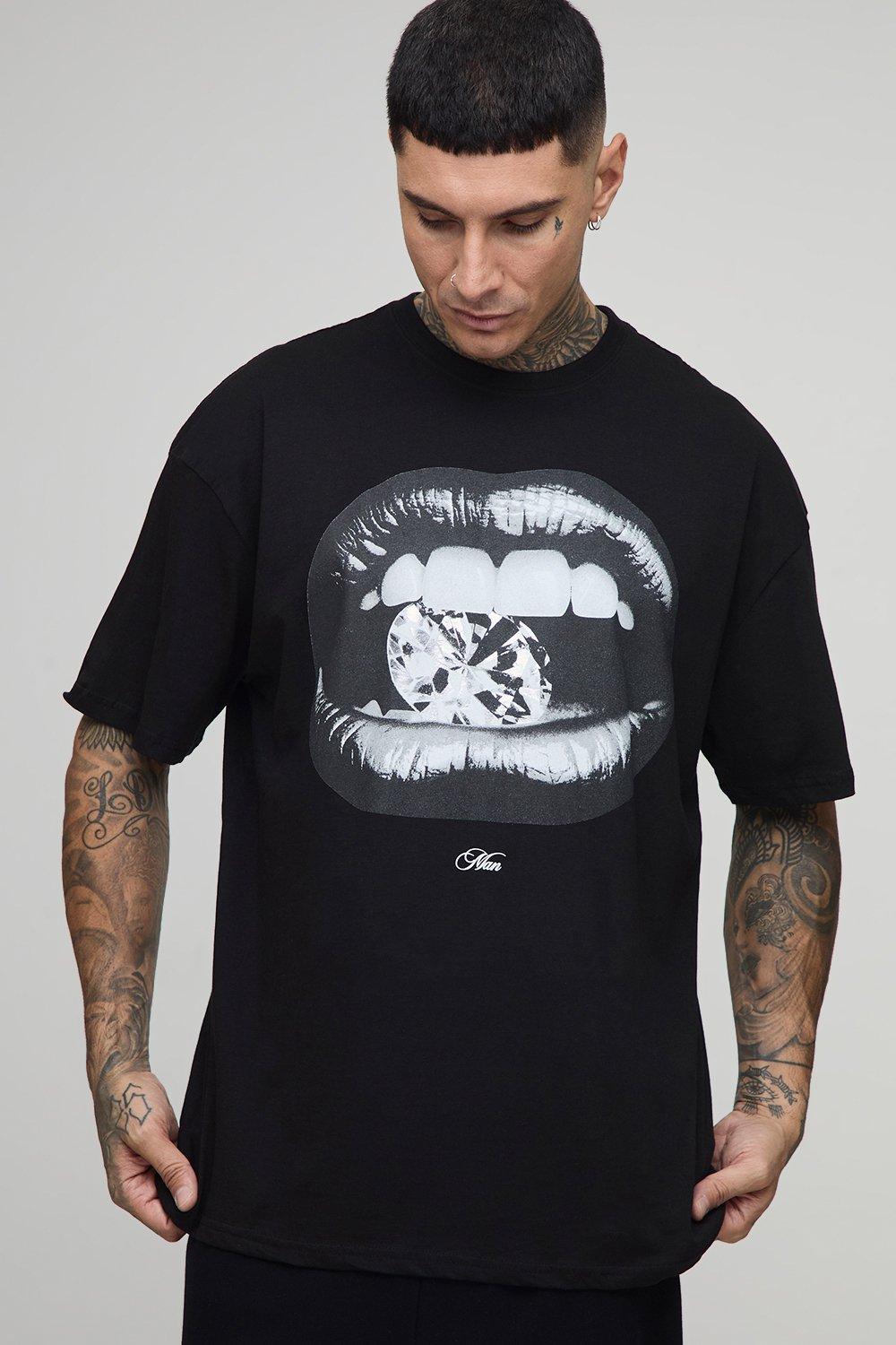 Mens Black Tall Oversized Foil Print Diamond Lips Print T-Shirt, Black