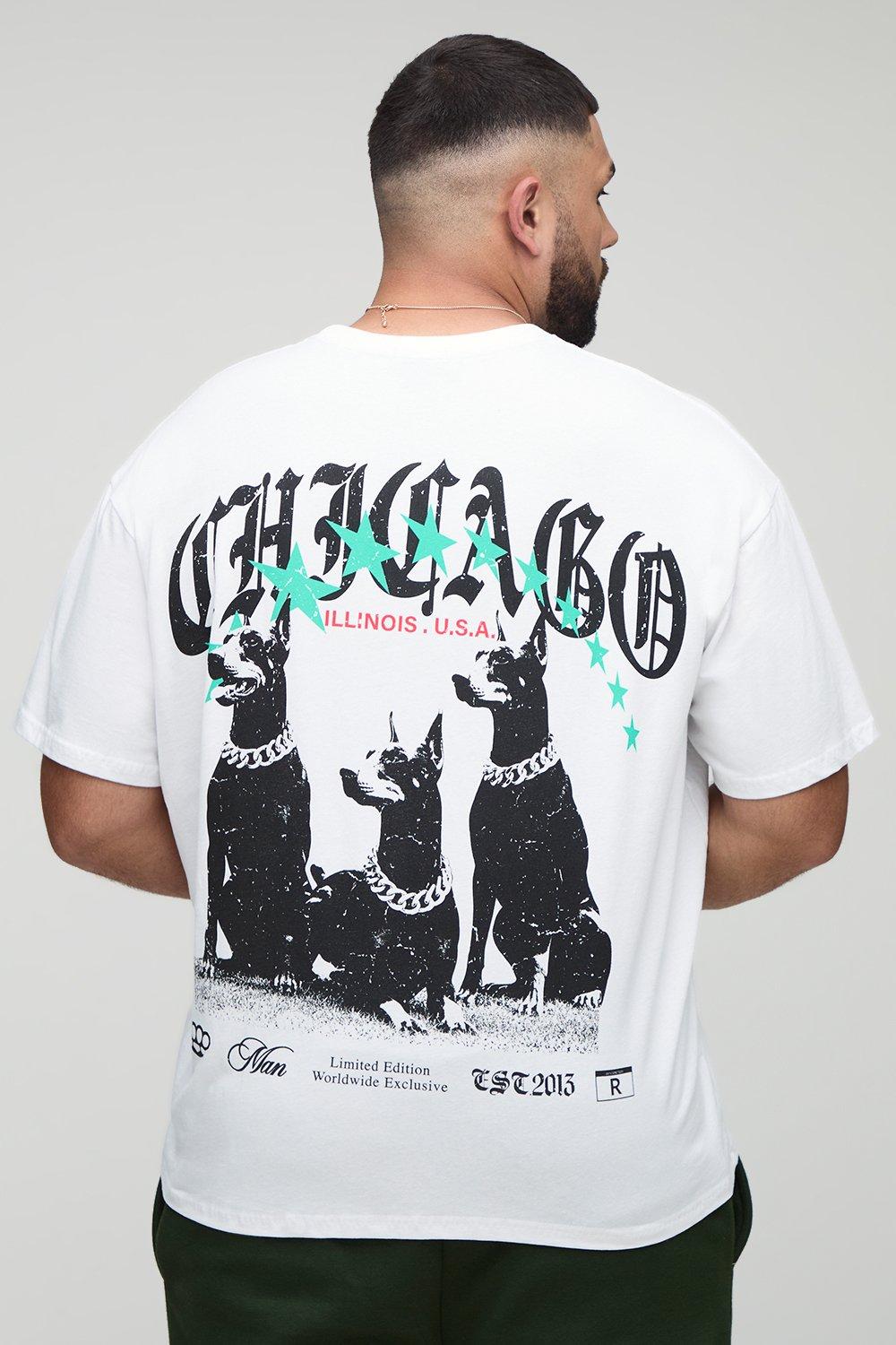 Image of Plus Oversized Chicago Doberman Print T-Shirt, Bianco