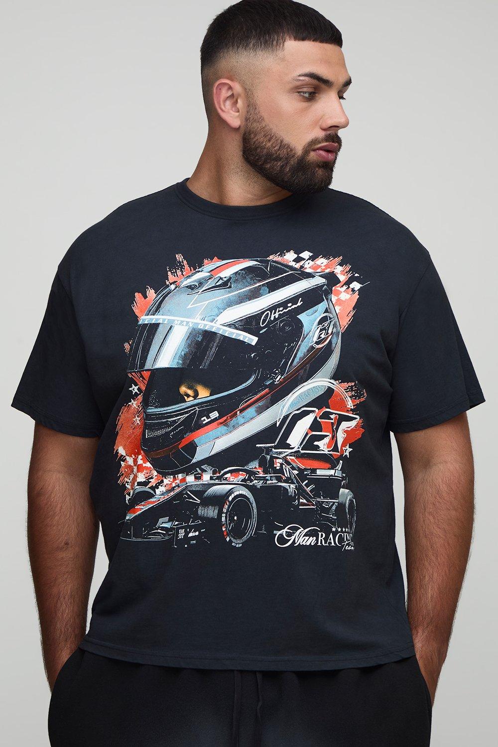 Mens Black Plus Oversized Washed Official Racing Print T-Shirt, Black