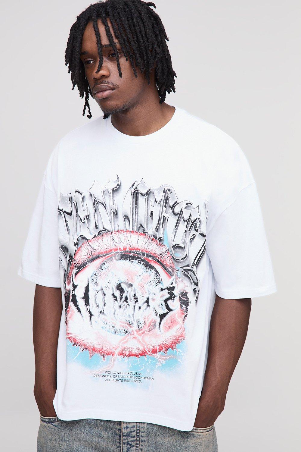 Mens White Tall Oversized Boxy Heavyweight Over The Seam Eye Printed T-Shirt, White