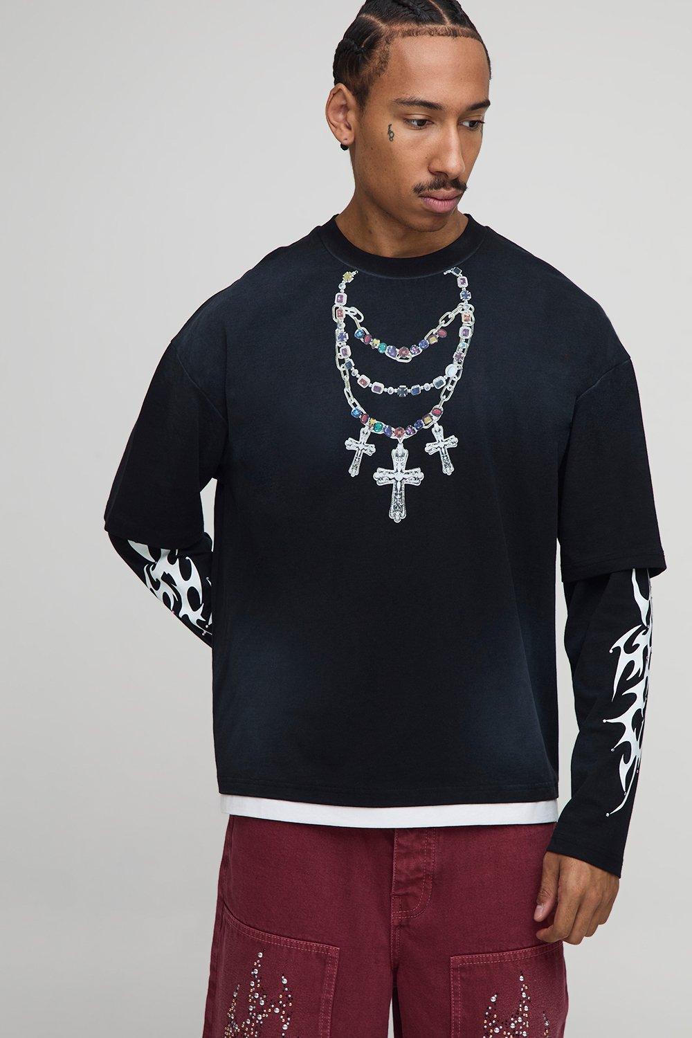 Image of Black Oversized Shrunken Boxy Faux Layer Man Rhinestone Printed Long Sleeve T-Shirt, Nero