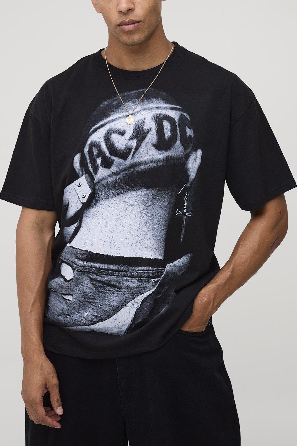 Mens Black Oversized AC/DC License Printed T-Shirt, Black