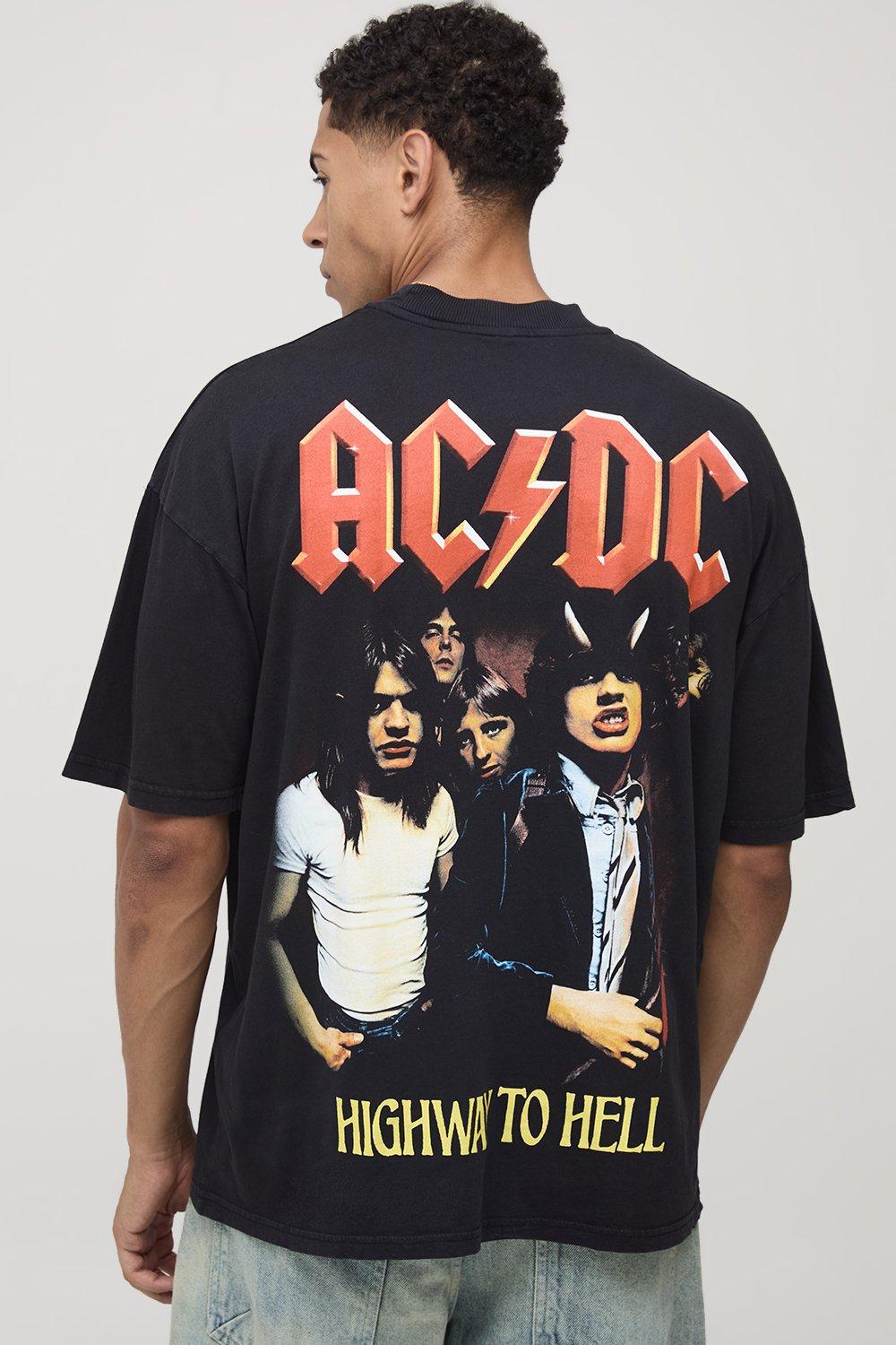 Mens Black Oversized AC/DC Acid Wash License Printed T-Shirt, Black