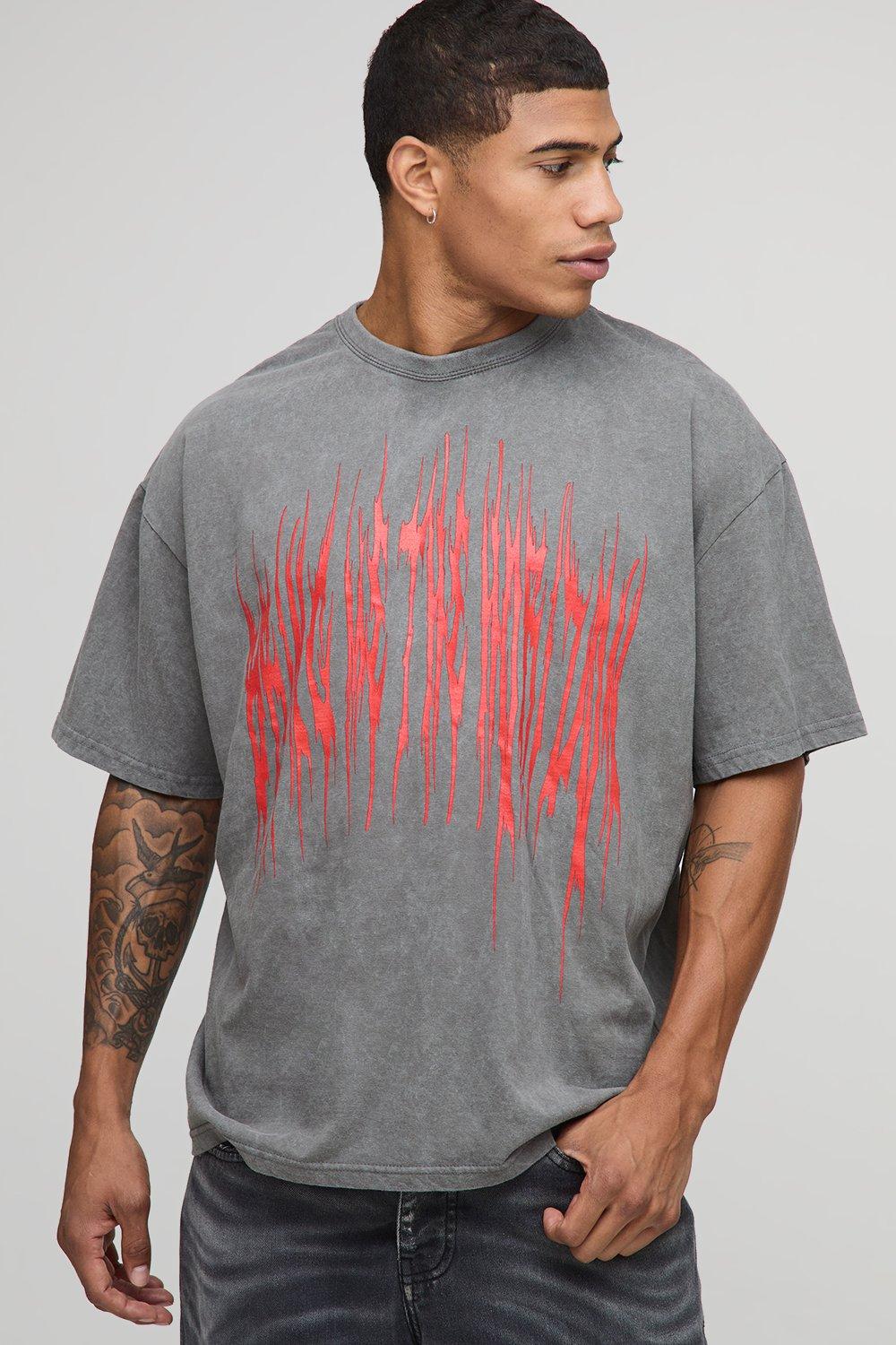 Image of Charcoal Oversized Bring Me The Horizon Acid Wash License Printed T-Shirt, Grigio