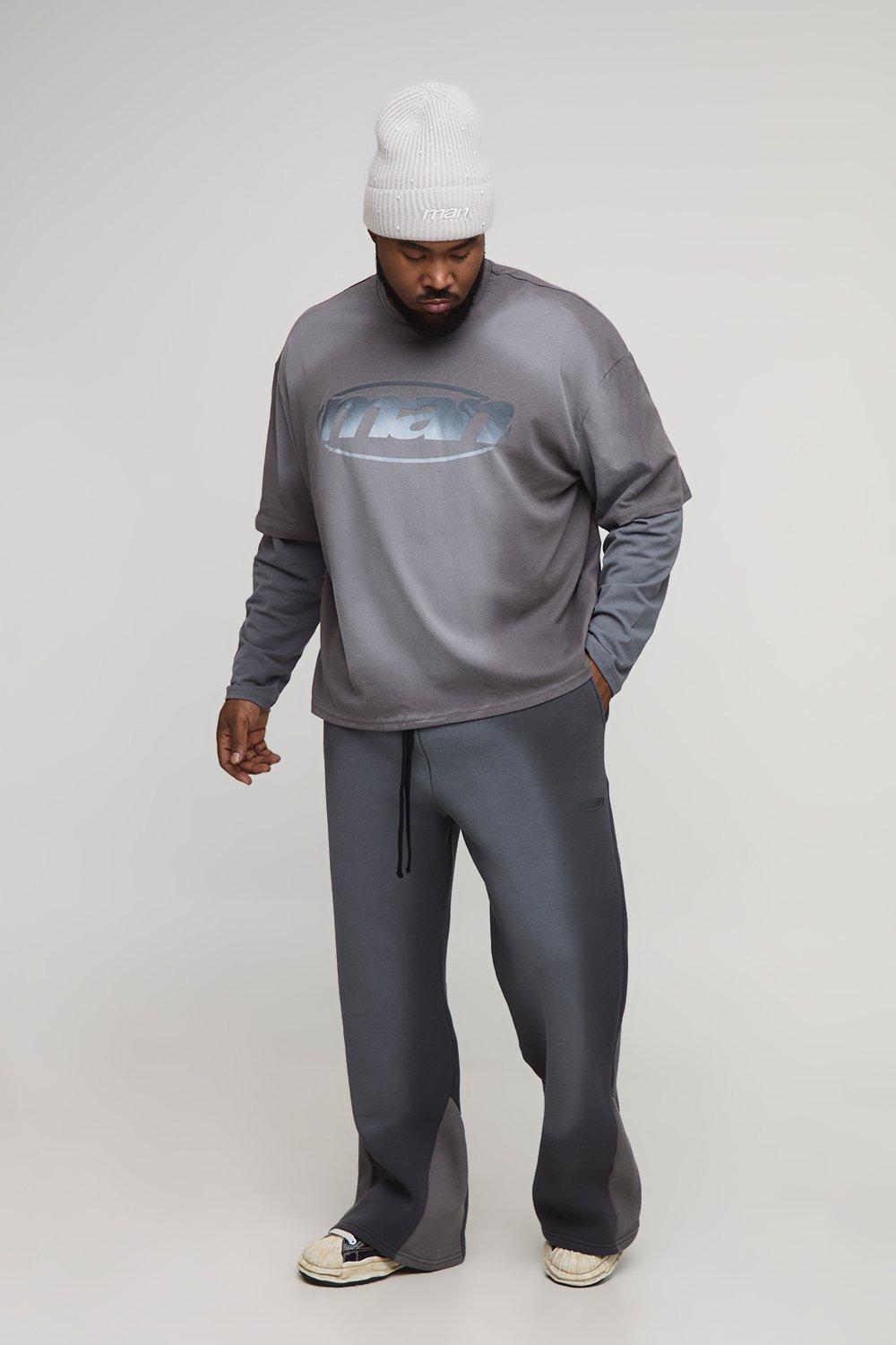 Image of Plus Oversized Boxy Embossed Washed Faux Layer T-Shirt & Relaxed Jogger Set, Grigio