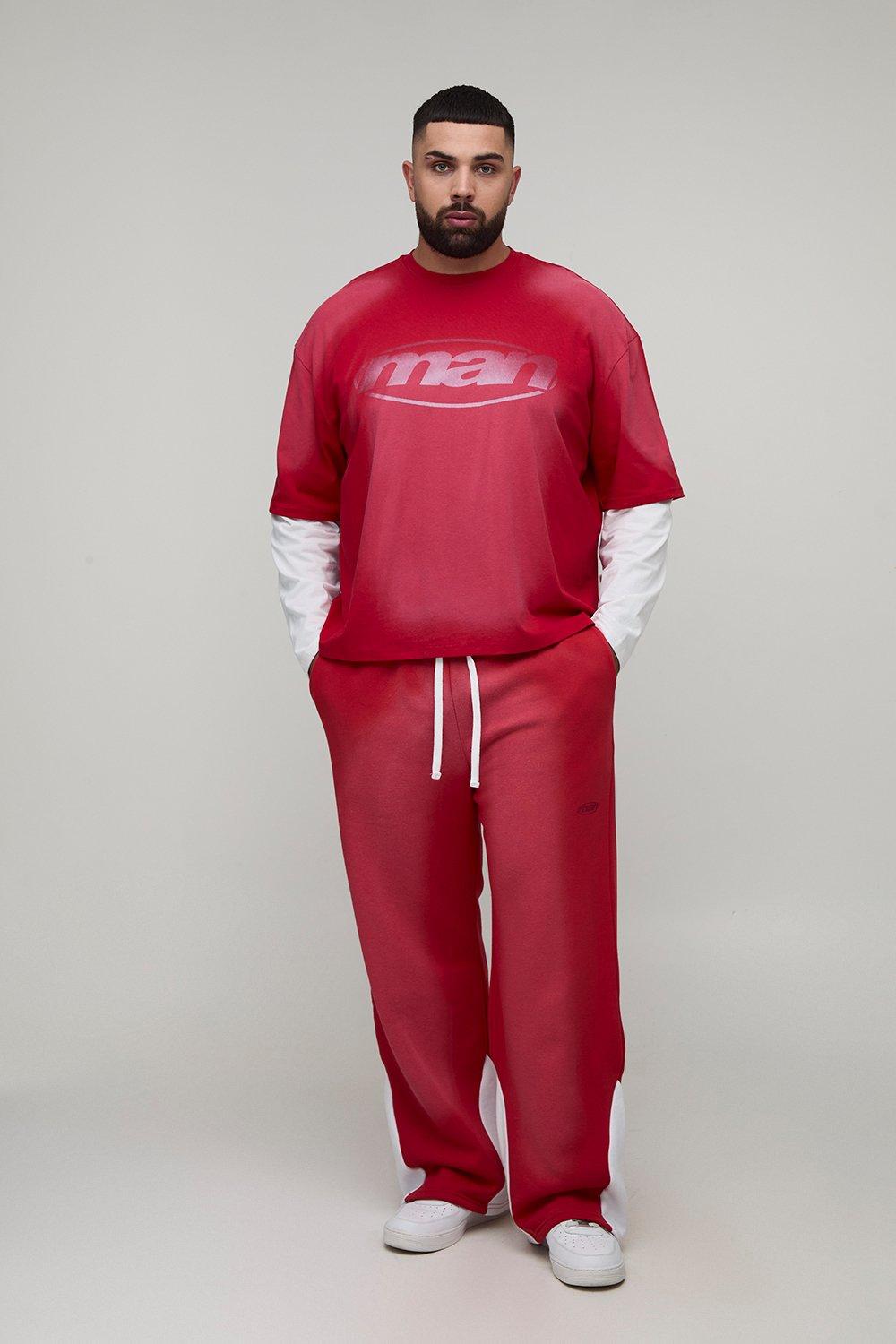 Image of Plus Oversized Boxy Embossed Washed Faux Layer T-Shirt & Relaxed Jogger Set, Rosso