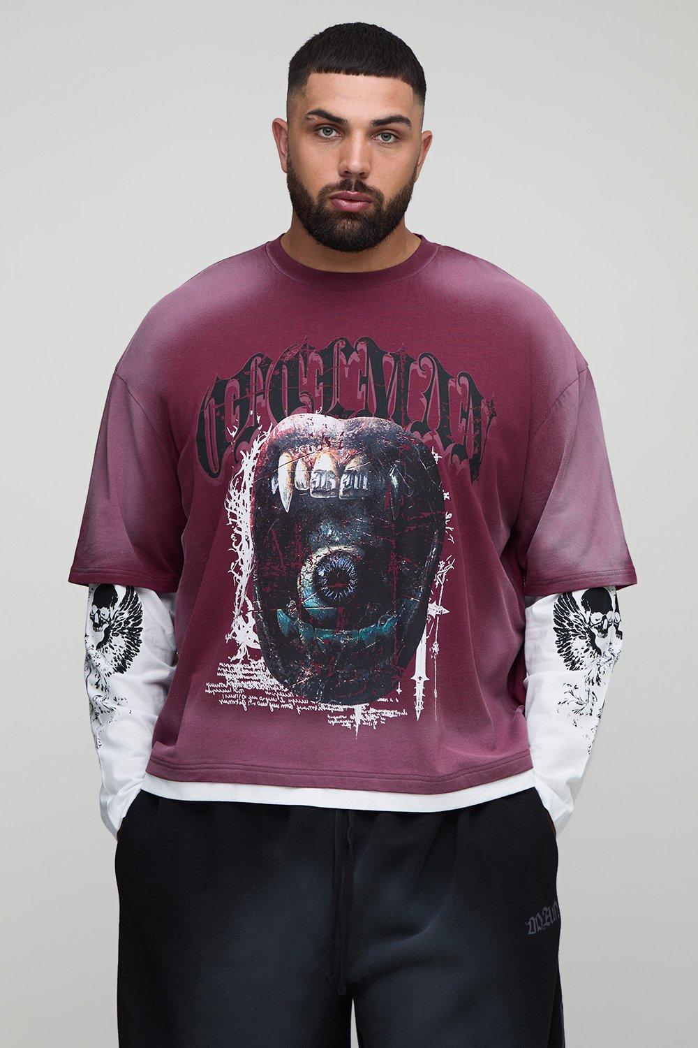 Image of Plus Oversized Boxy Graphic Faux Layer Washed T-Shirt, Rosso