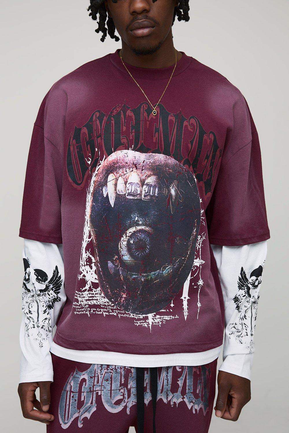 Image of Tall Oversized Boxy Graphic Faux Layer Washed T-Shirt, Rosso