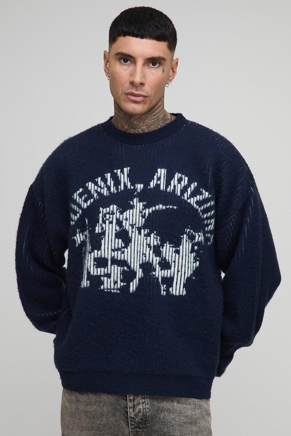 Mens Navy Tall Brushed Embroidered Western Oversized Jumper, Navy