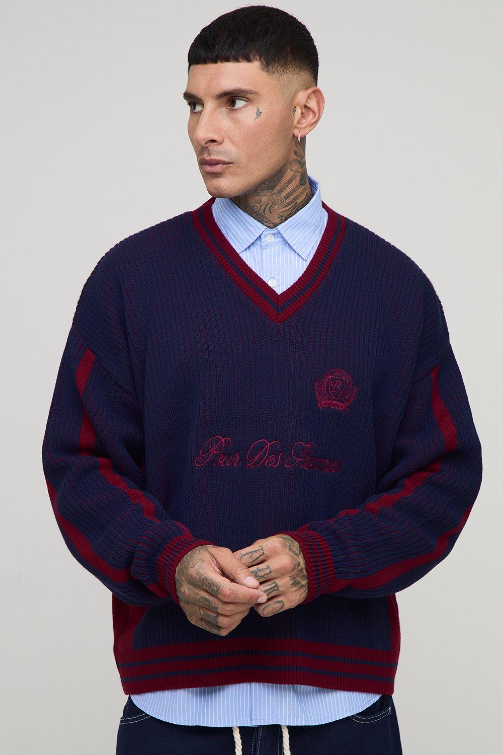 Mens Navy Tall Oversized Knitted Embroidered V Neck Football Top, Navy