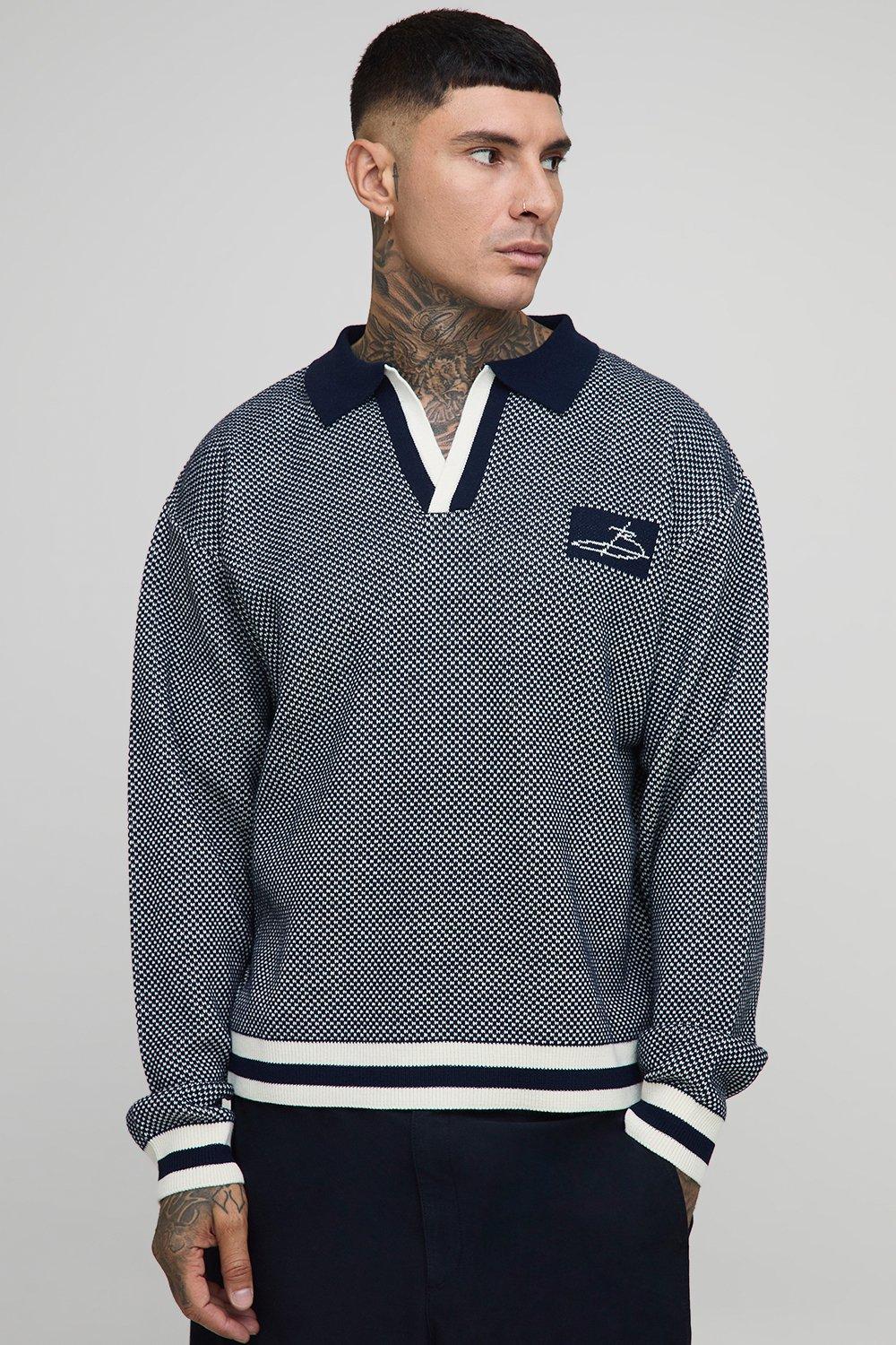 Mens Navy Tall Contrast Edge Open Knit Boxy Oversized Polo Neck Jumper, Navy