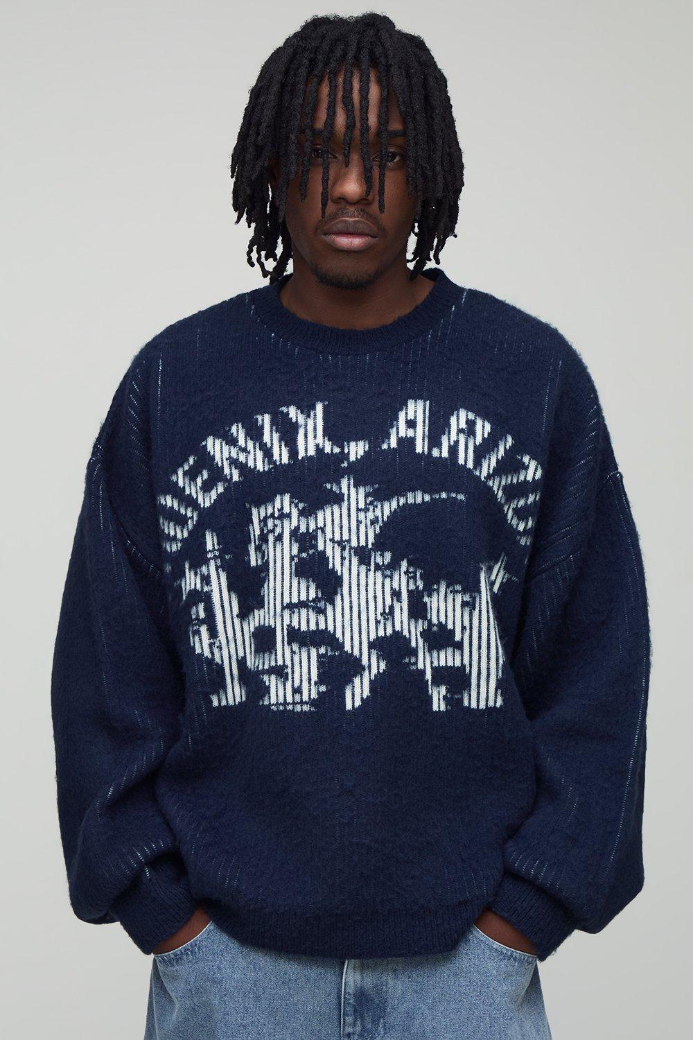 Mens Navy Plus Brushed Embroidered Western Oversized Jumper, Navy