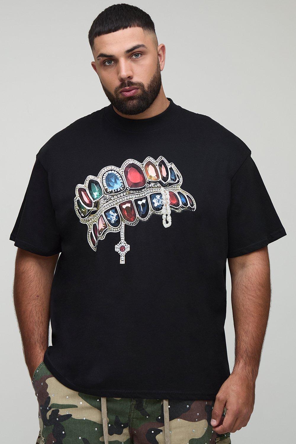 Mens Black Plus Oversized Diamond Print T-Shirt, Black