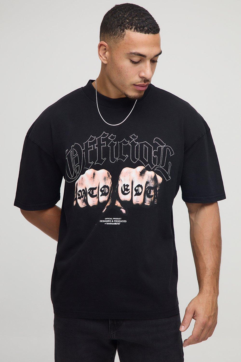 Image of Black Oversized Extended Neck Washed Official Rhinestone T-Shirt, Nero