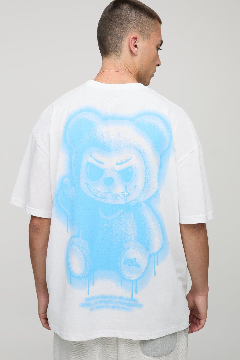 Image of White Oversized Man Graffiti Bear Graphic T-Shirt, Bianco