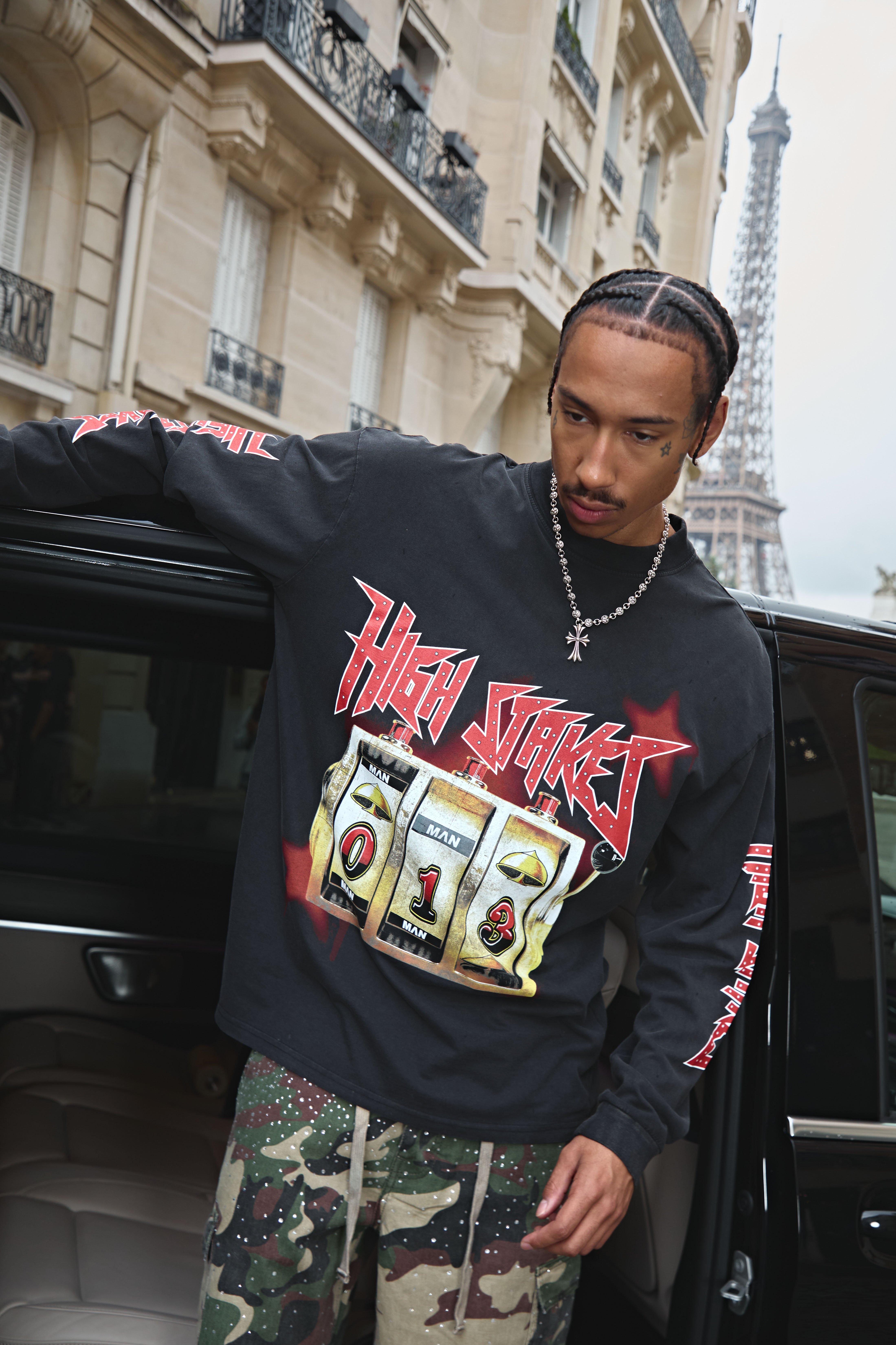 Mens Black Oversized Extended Neck Slot Machine Long Sleeve Printed T-Shirt, Black