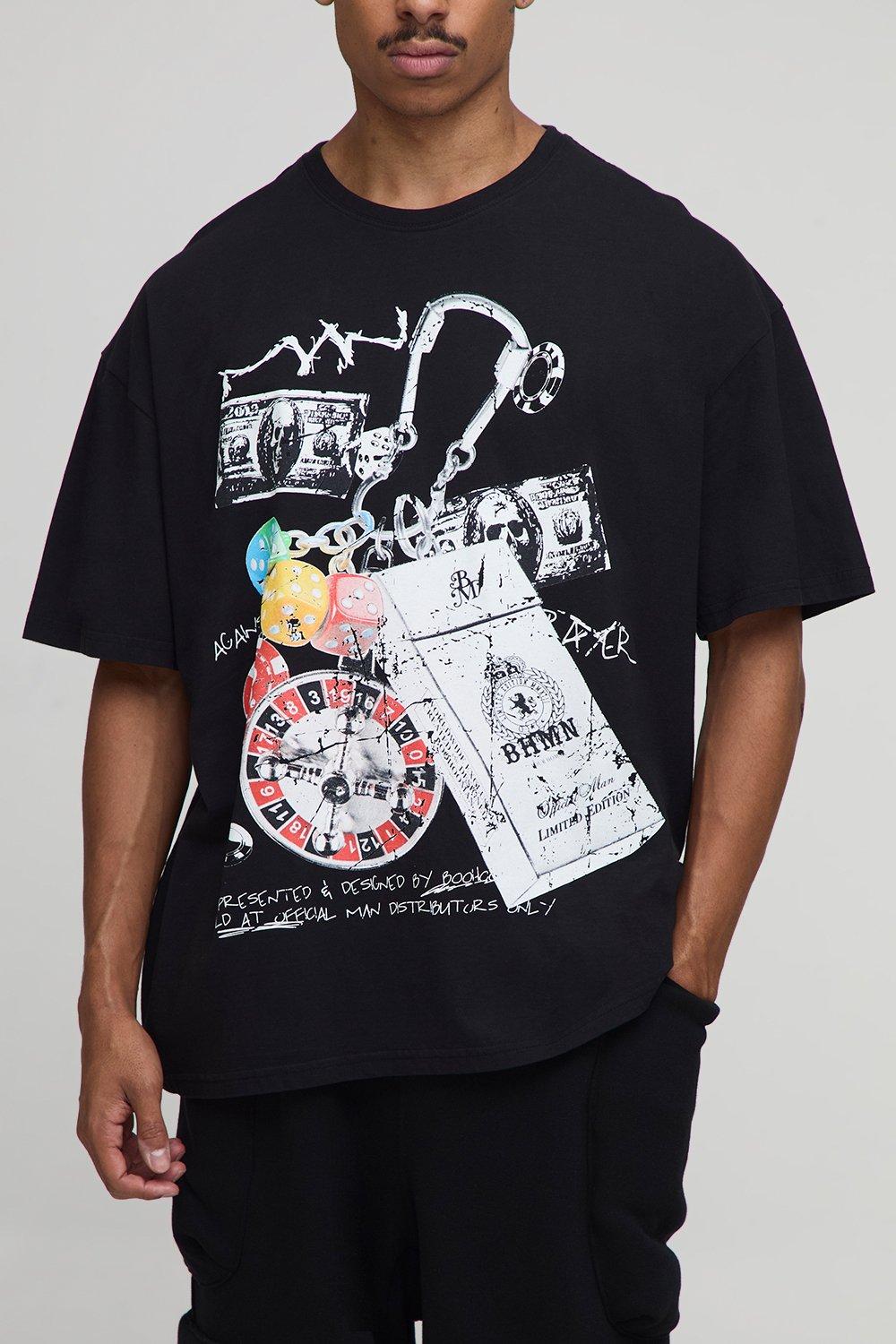 Image of Black Oversized Washed Casino Printed T-Shirt, Nero