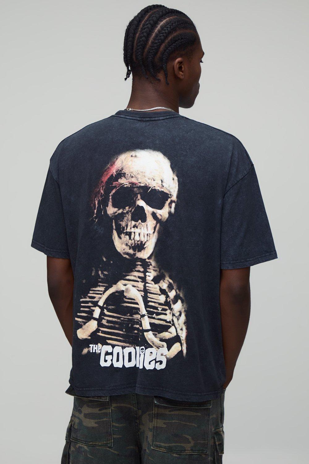 Image of Black Oversized The Goonies Acid Wash License Printed T-Shirt, Nero