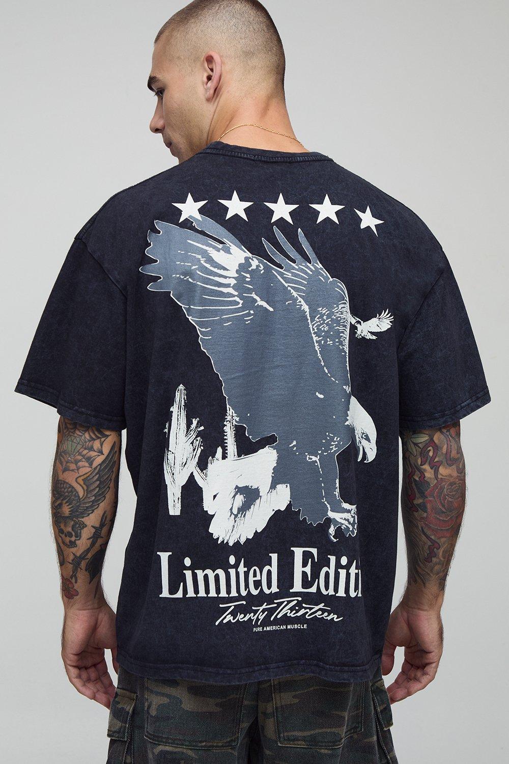 Image of Black Oversized Washed Limited Edition Eagle Printed T-Shirt, Nero