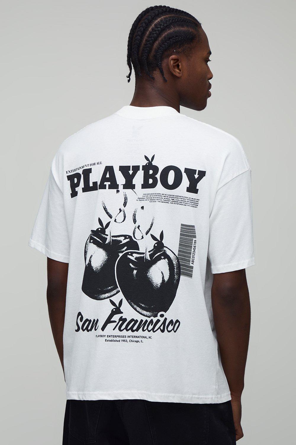 Image of White Oversized Extended Neck Playboy License Printed T-Shirt, Bianco