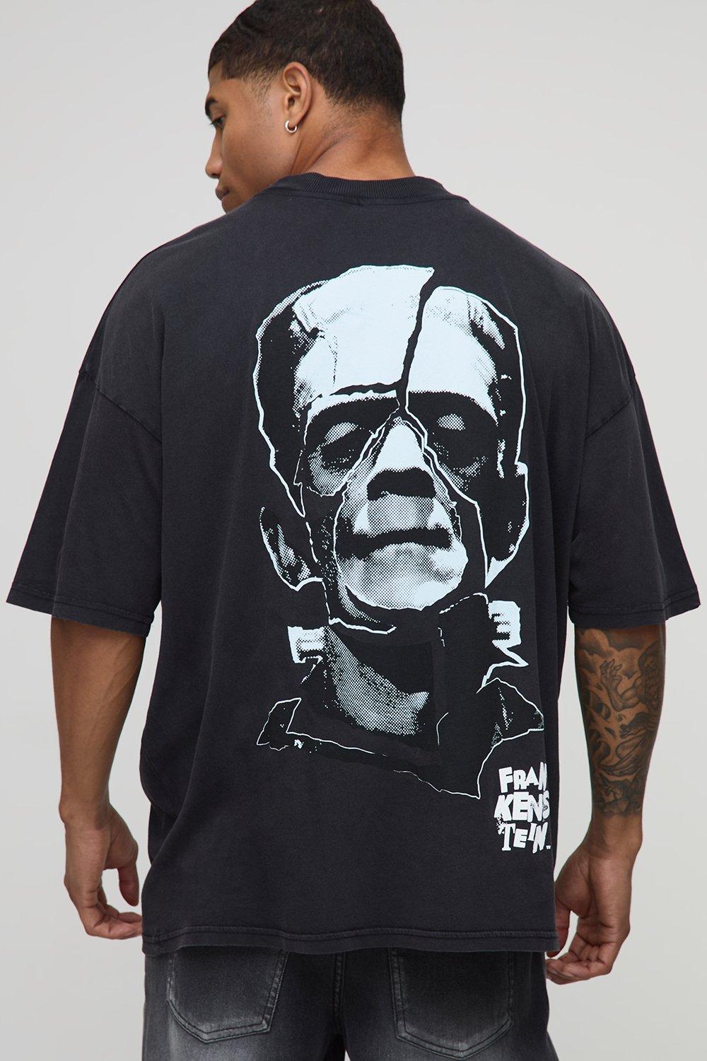 Image of Black Oversized Extended Neck Frankenstein Halloween Acid Wash License Printed T-Shirt, Nero