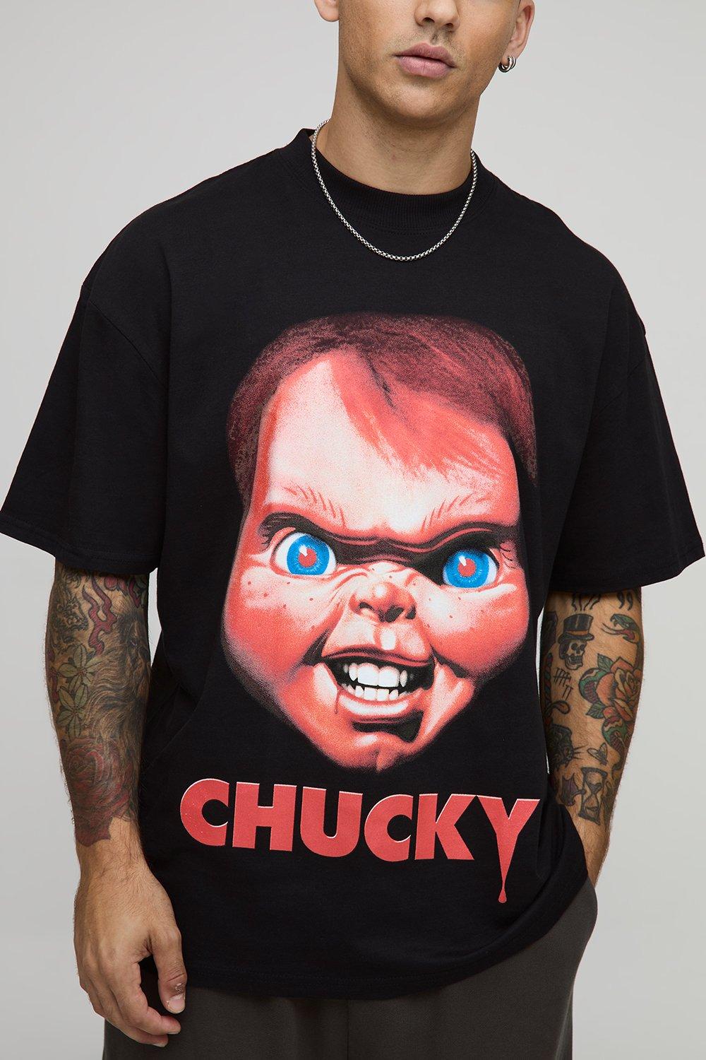 Image of Black Oversized Extended Neck Chucky Halloween License Printed T-Shirt, Nero
