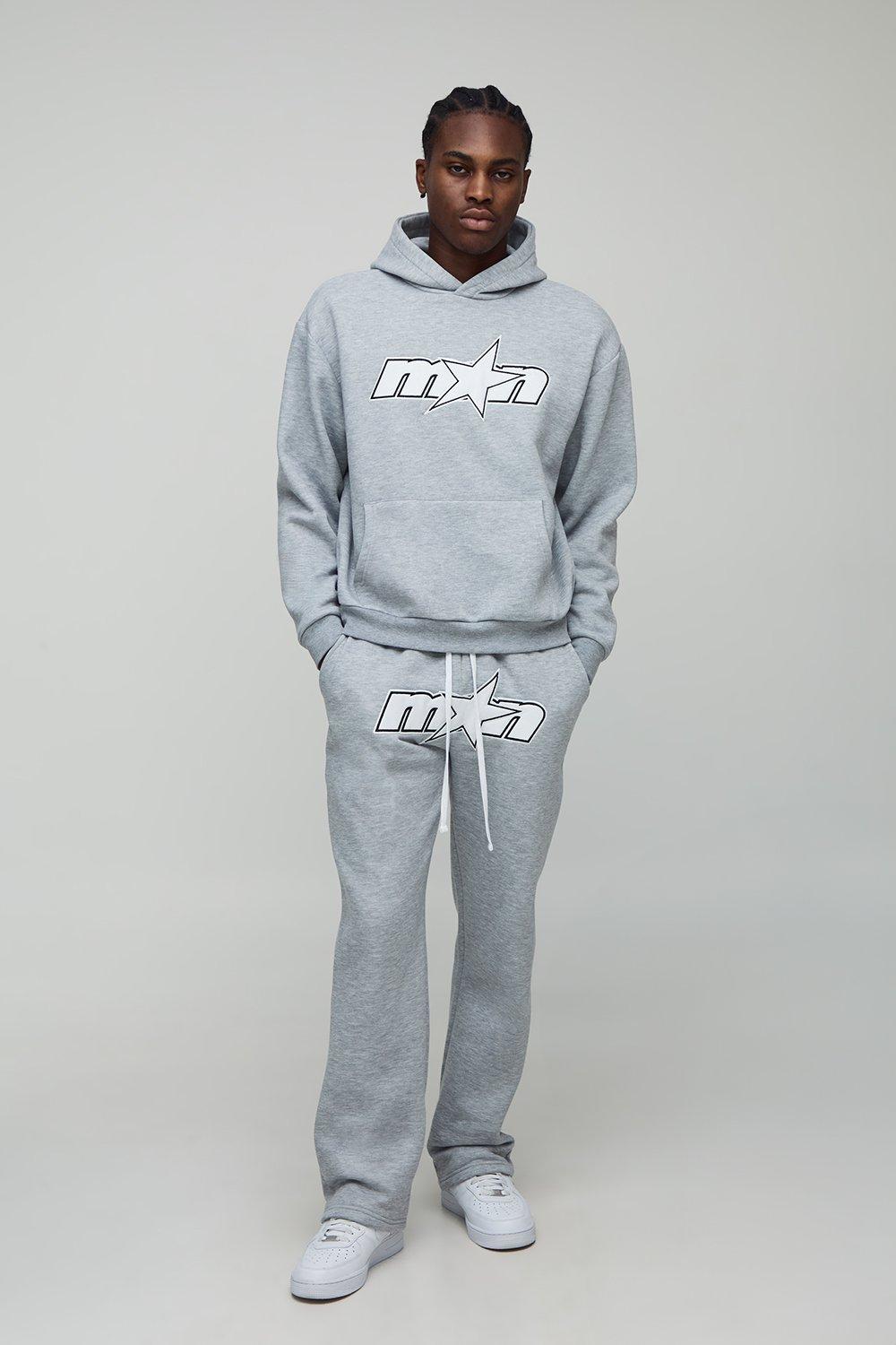Mens Grey Oversized Boxy Man Star Hoodie and Relaxed Jogger Tracksuit, Grey