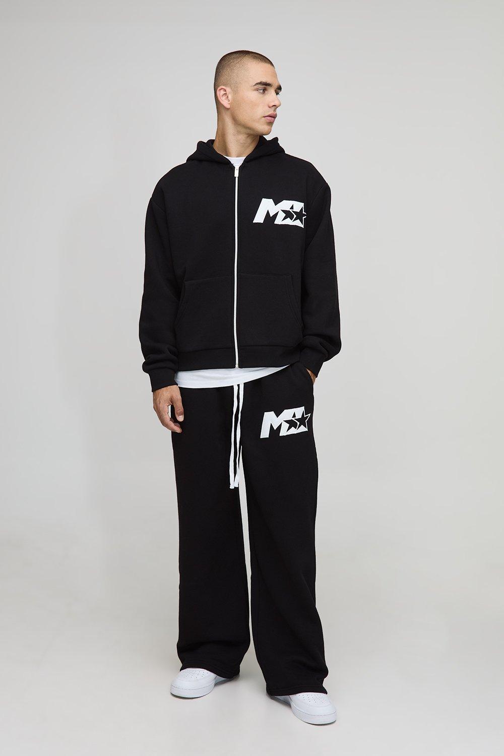 Image of Oversized Boxy M Star Zip Through Hoodie and Wide Leg Jogger Tracksuit, Nero