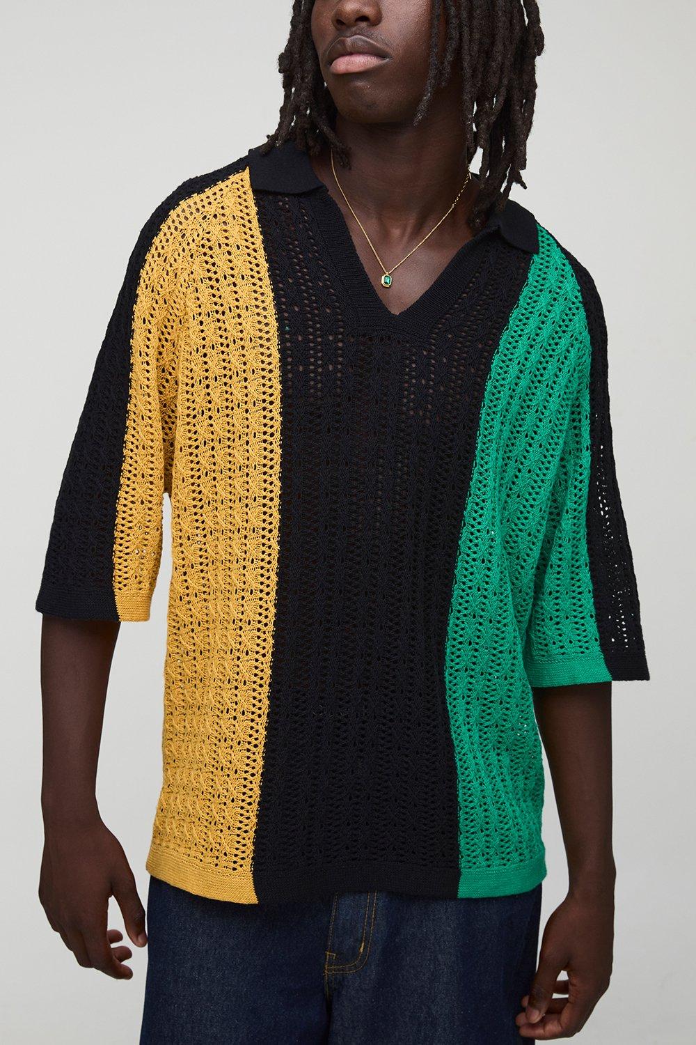 Mens Yellow Oversized Carnival Striped Open Stitch Knitted Polo, Yellow