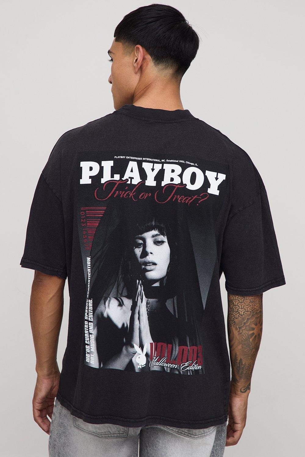 Image of Black Oversized Extended Neck Playboy Halloween Acid Wash License Printed T-Shirt, Nero