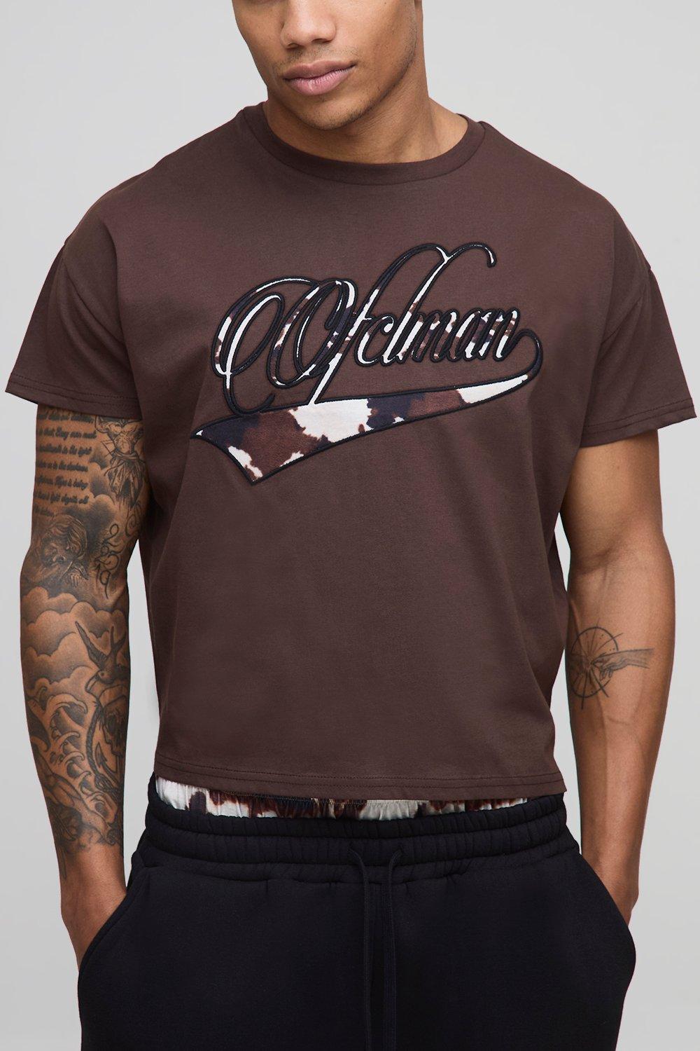 Image of Oversized Shrunken Cow Print Applique OFCLMAN T-Shirt, Brown