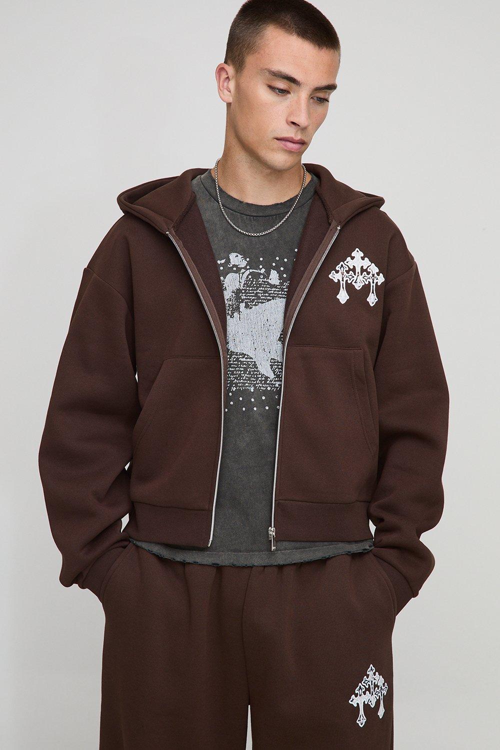 Image of Shrunken Fit Cow Print Cross Applique Zip Through Hoodie, Brown