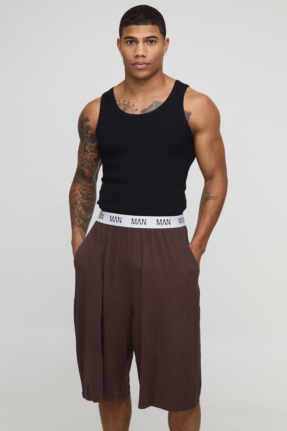 Mens Brown Slim Ribbed Lounge Vest And Jort Set, Brown