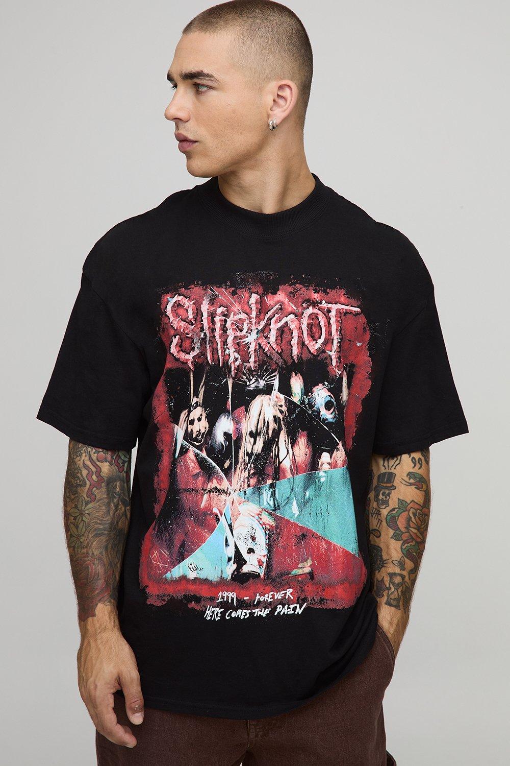 Image of Black Oversized Extended Neck Slipknot License Printed T-Shirt, Nero