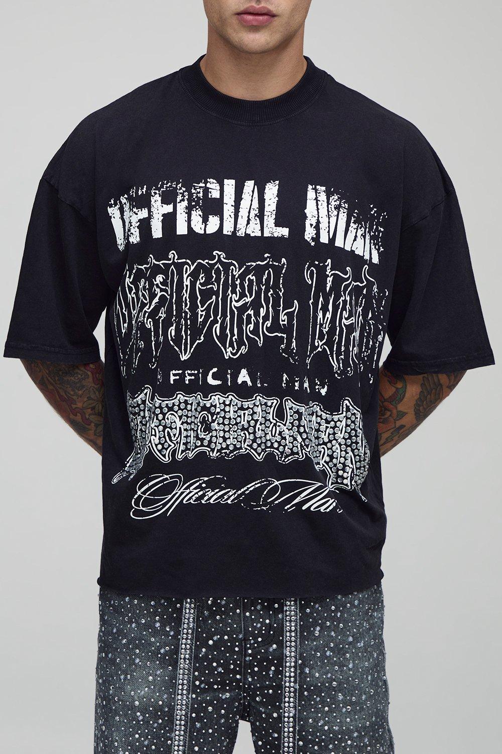 Image of Black Oversized Boxy Washed Official Man Raw Hem Rhinestone Graphic T-Shirt, Nero