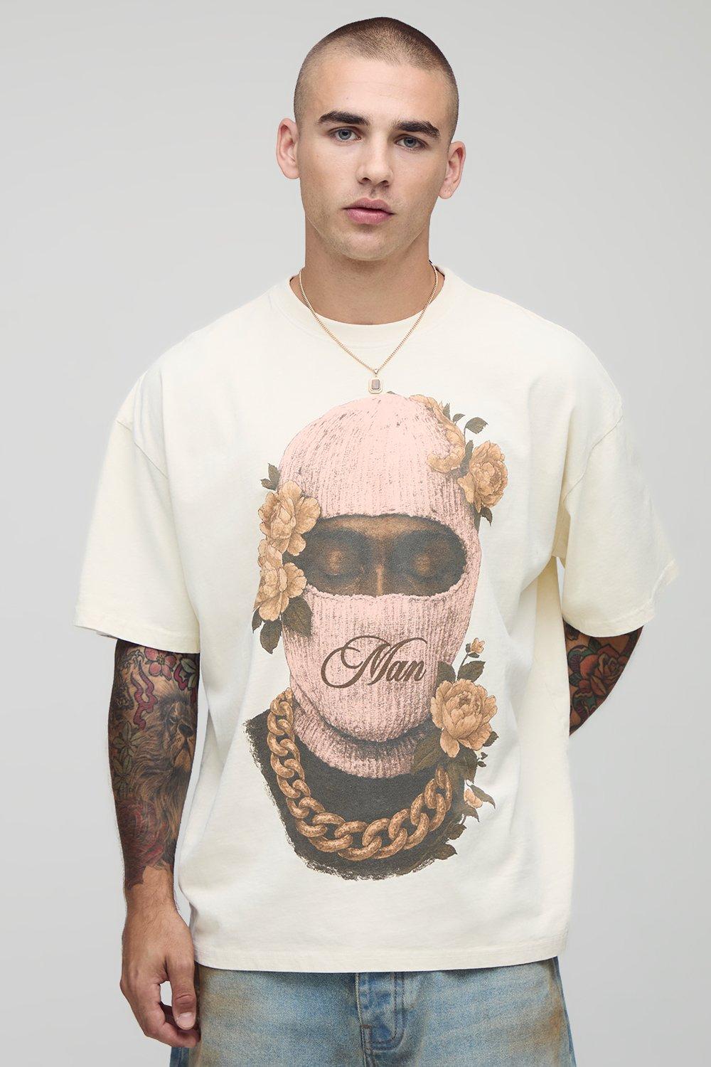 Image of Ecru Oversized Man Floral Ski Mask Printed Washed T-Shirt, Cream