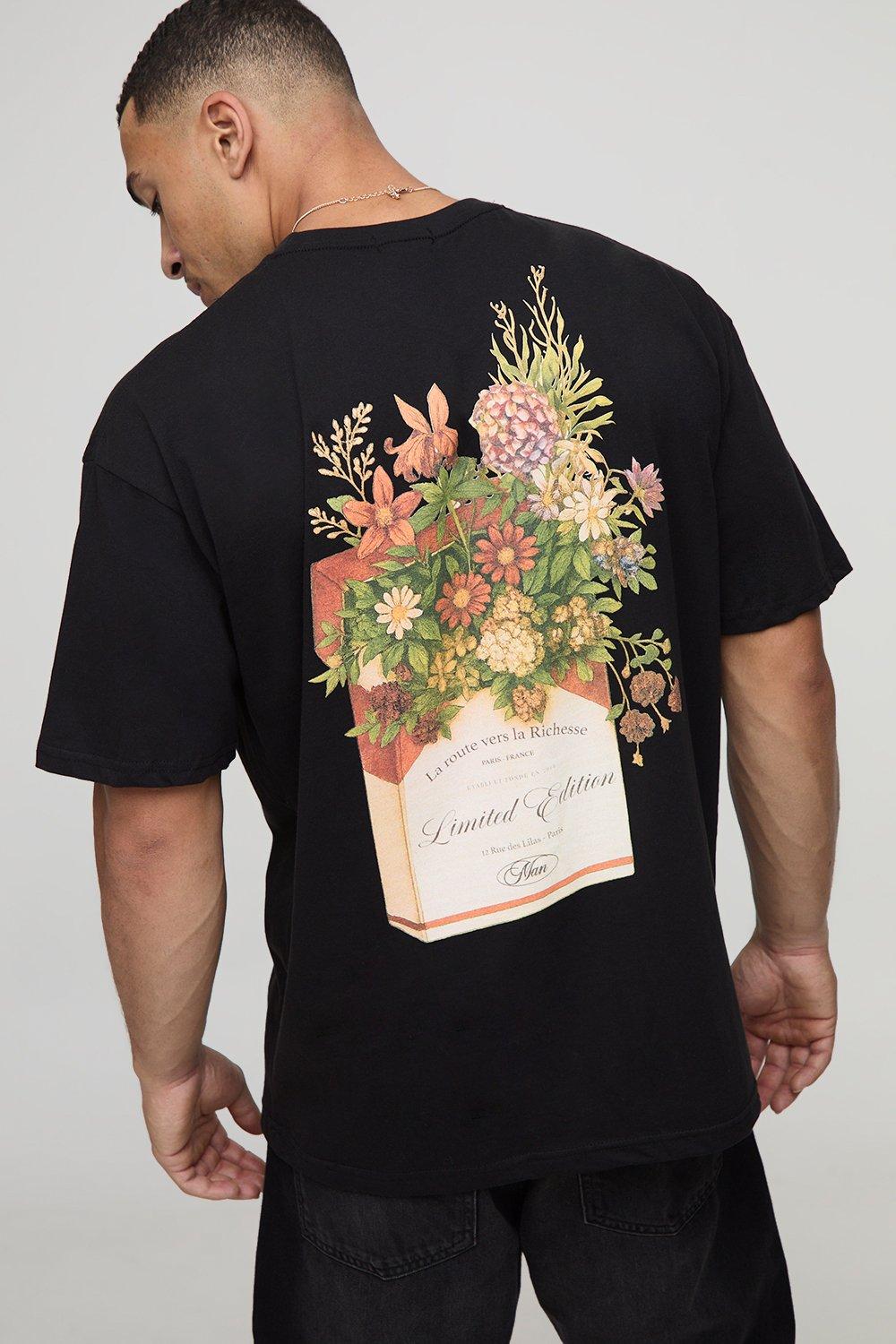 Image of Black Oversized Man Floral Vintage Cigarette Print T-Shirt, Nero