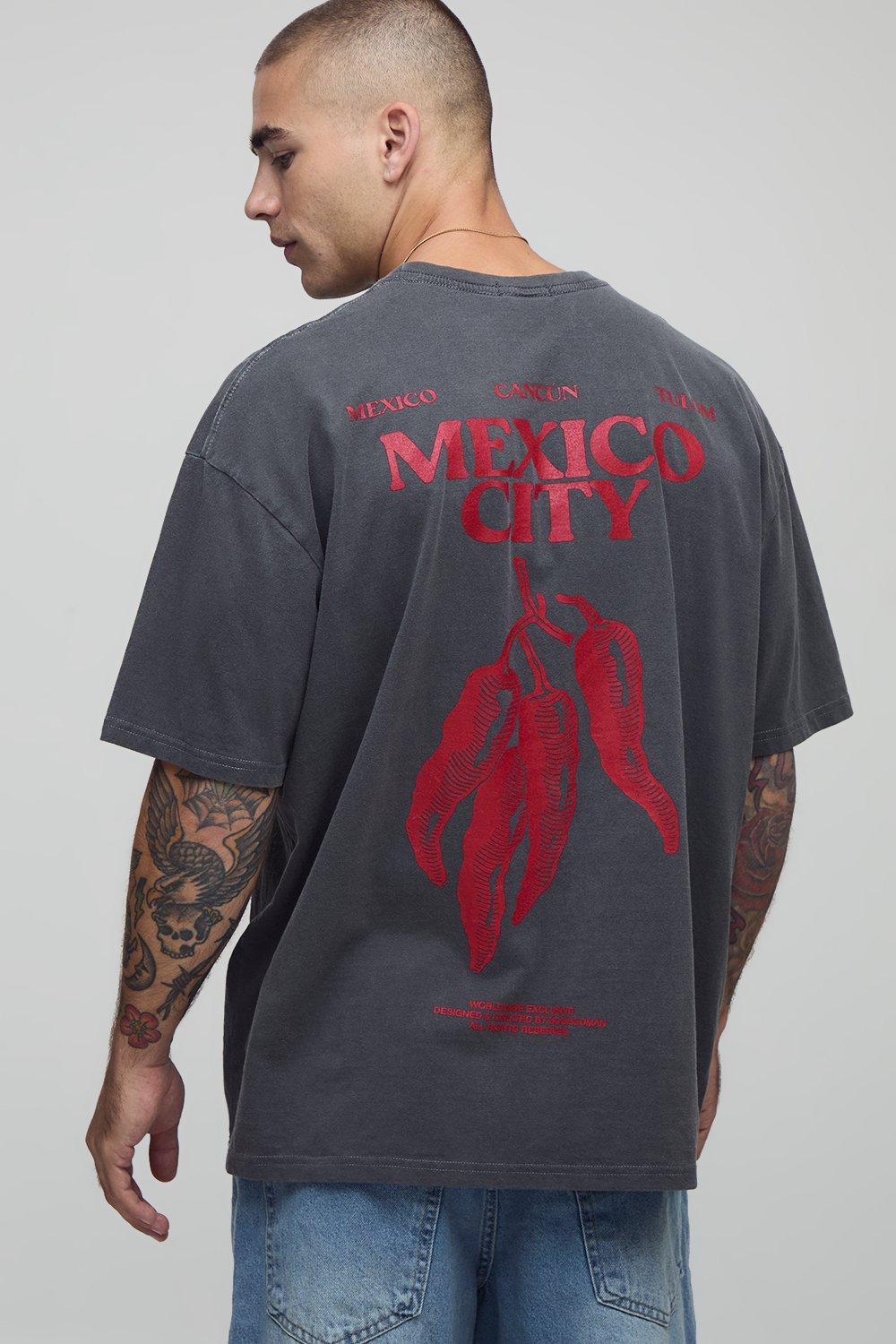 Image of Charcoal Oversized Mexico Chilli Print Washed T-Shirt, Grigio