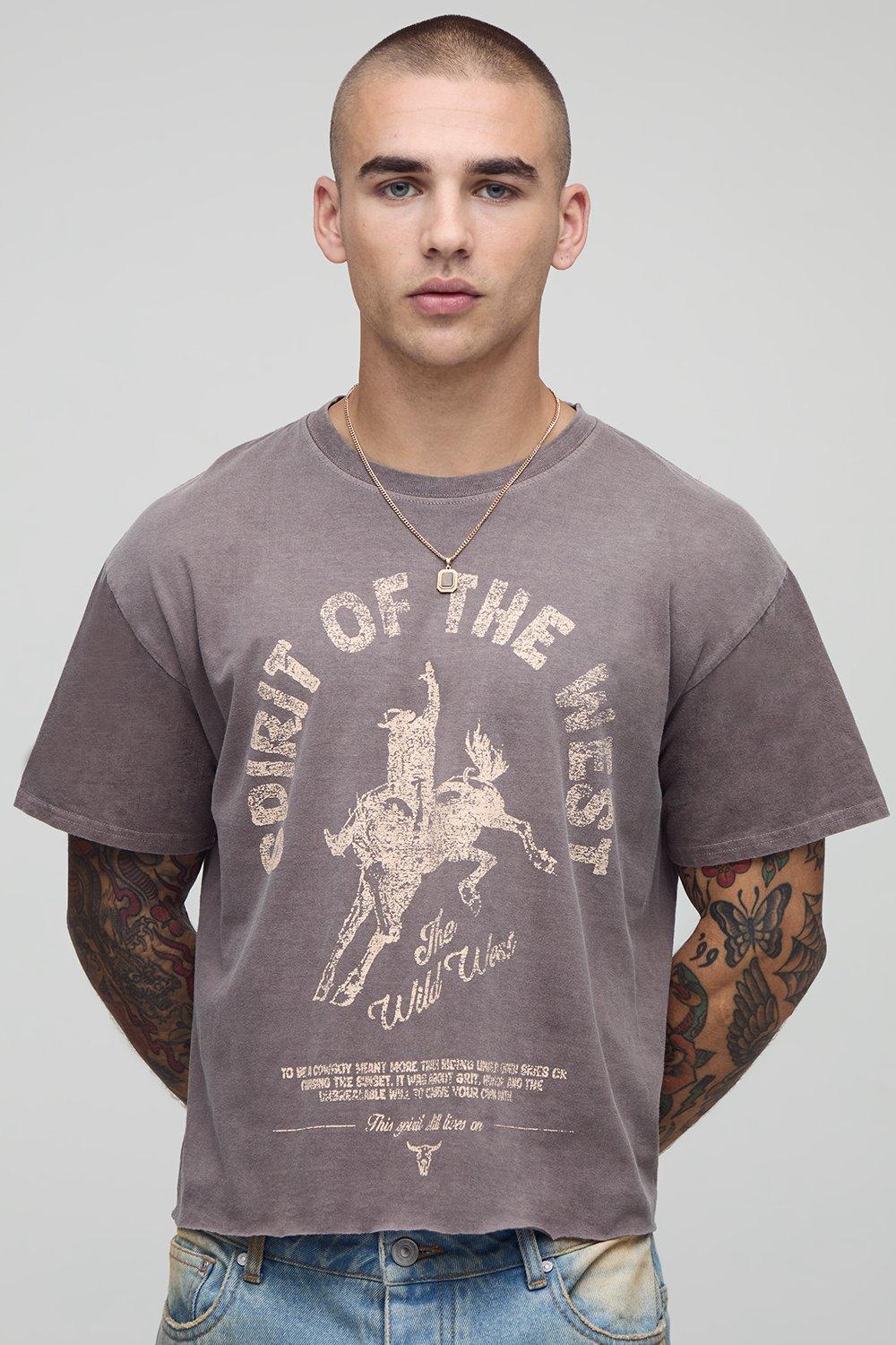 Image of Chocolate Shrunken Boxy Western Raw Hem Washed Graphic T-Shirt, Brown