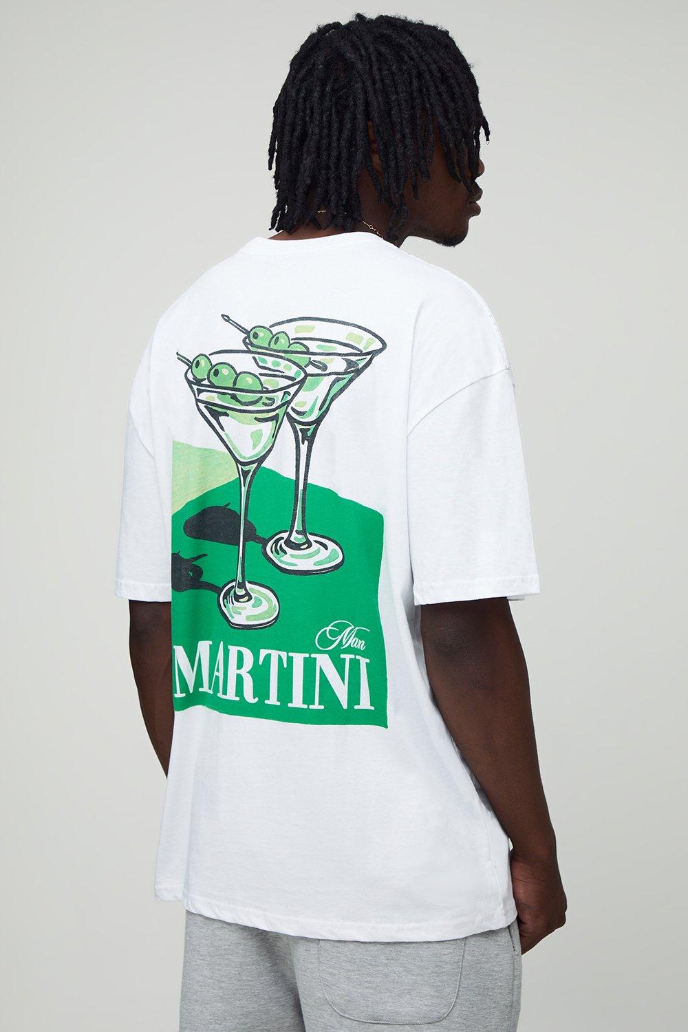 Image of Tall Oversized Man Script Martini Print T-Shirt, Bianco