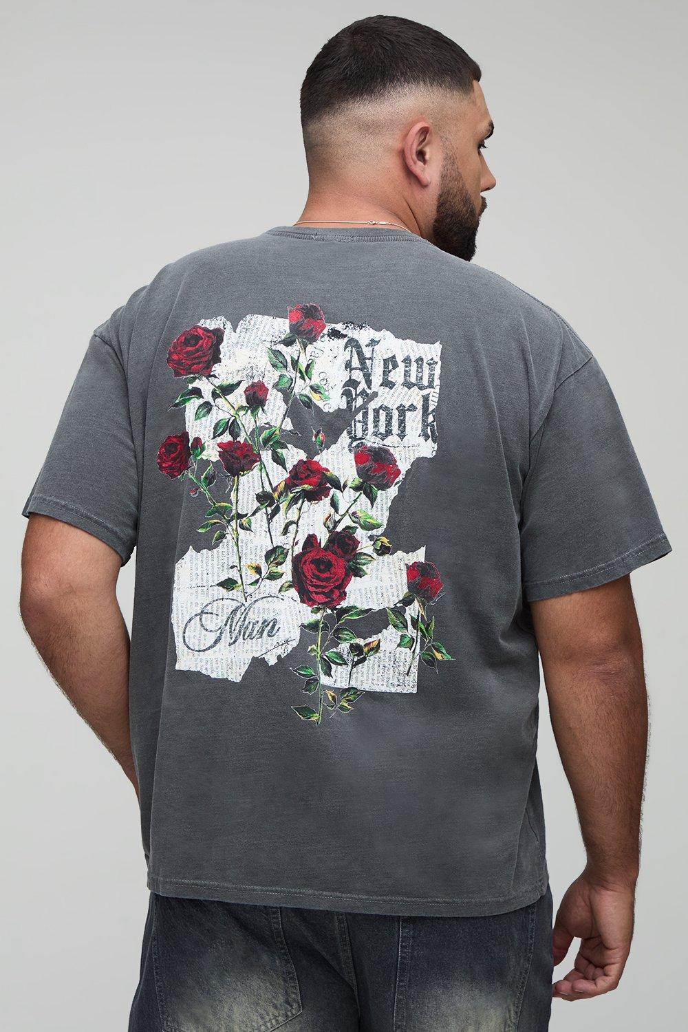Image of Plus Oversized Washed Floral Print T-Shirt, Grigio