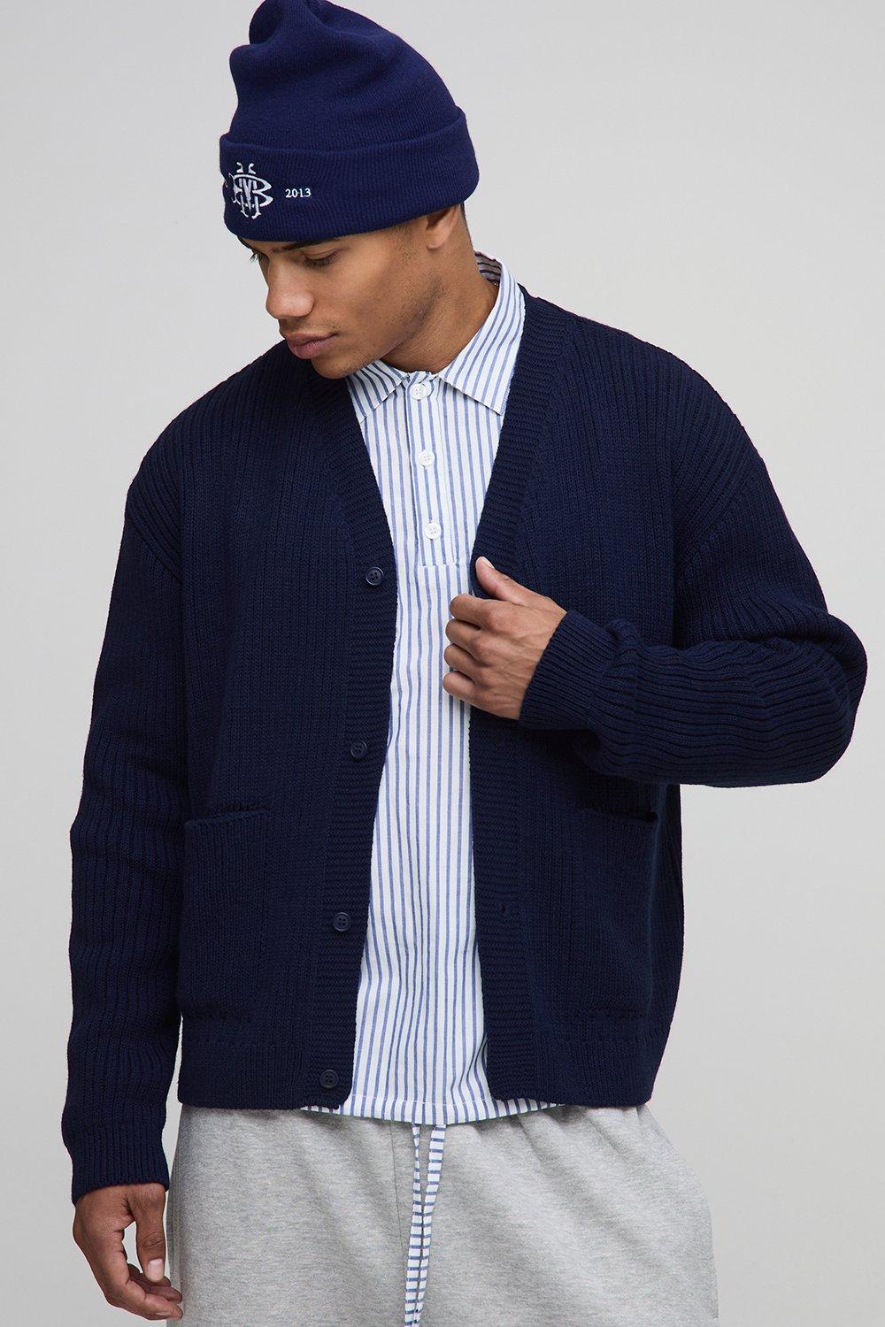 Image of Relaxed Boxy Fit Chunky Ribbed Knitted Cardigan, Navy