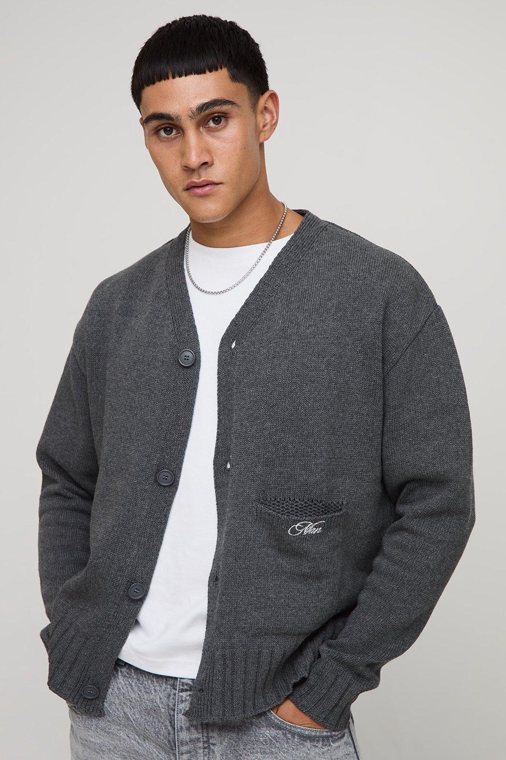 Man Embroidered Relaxed Boxy Fit Knitted Cardigan