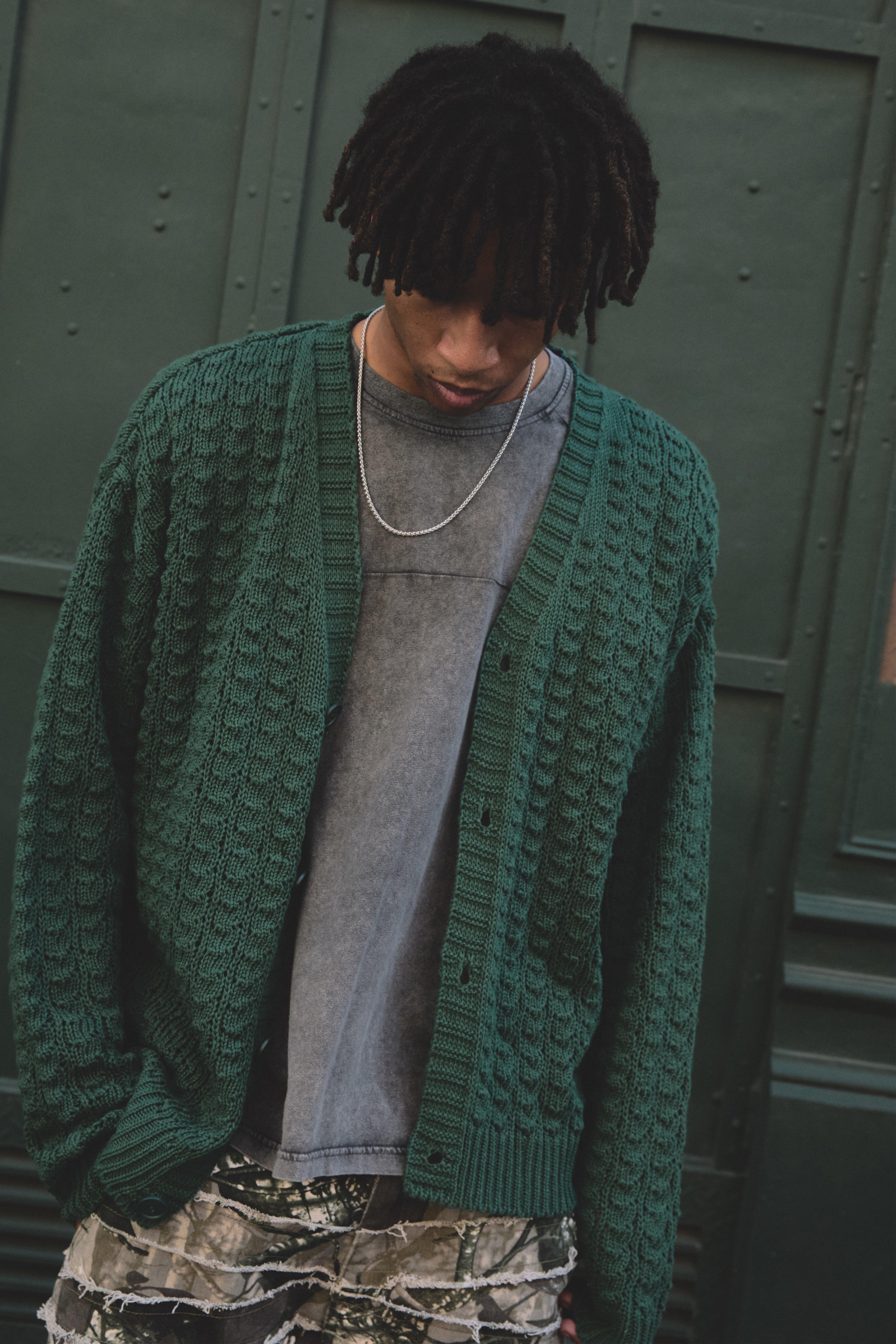 Image of Relaxed Boxy Fit Cable Lace Knitted Cardigan, Verde